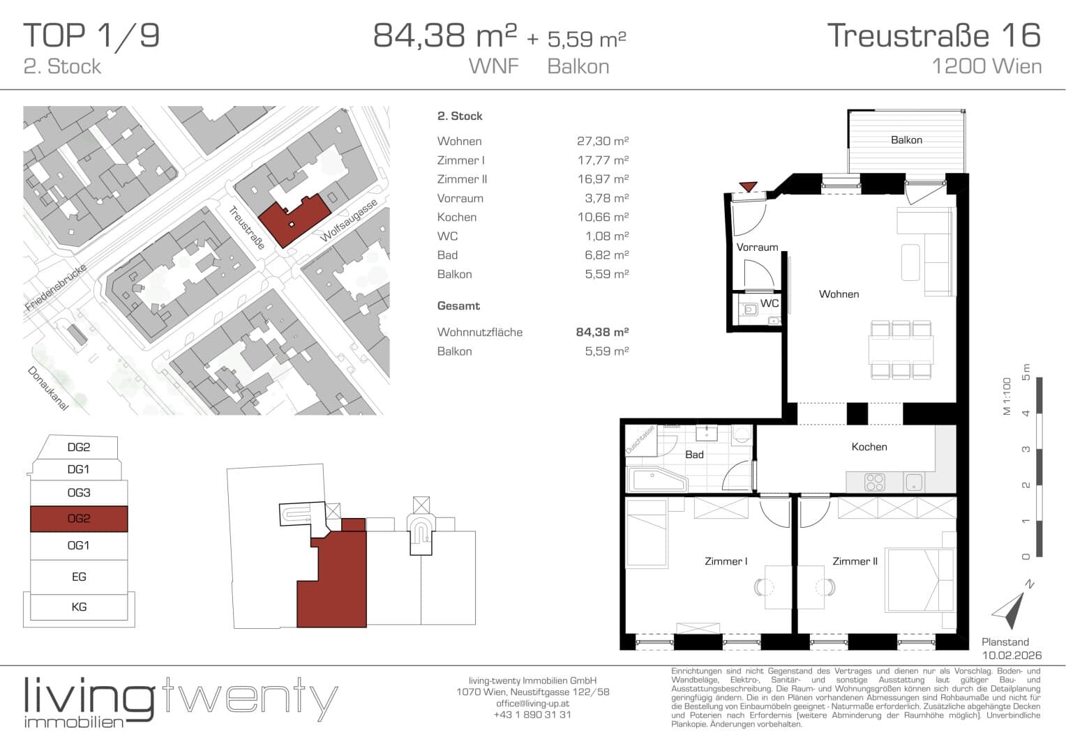 Grundriss Top 1/9 — Treustraße 16 — 3 Zimmer — 84 m² — 2nd floor — Augarten