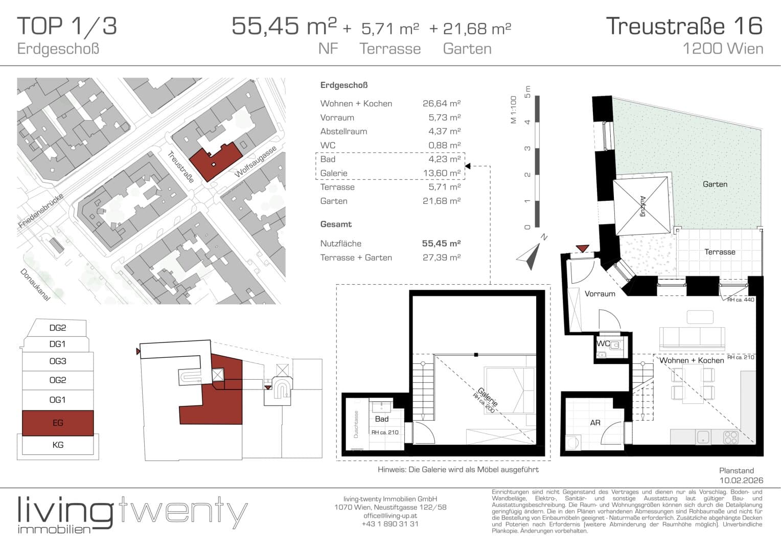 Grundriss Top 1/3 — Treustraße 16 — 2 Zimmer — 55 m² — Ground floor — Augarten