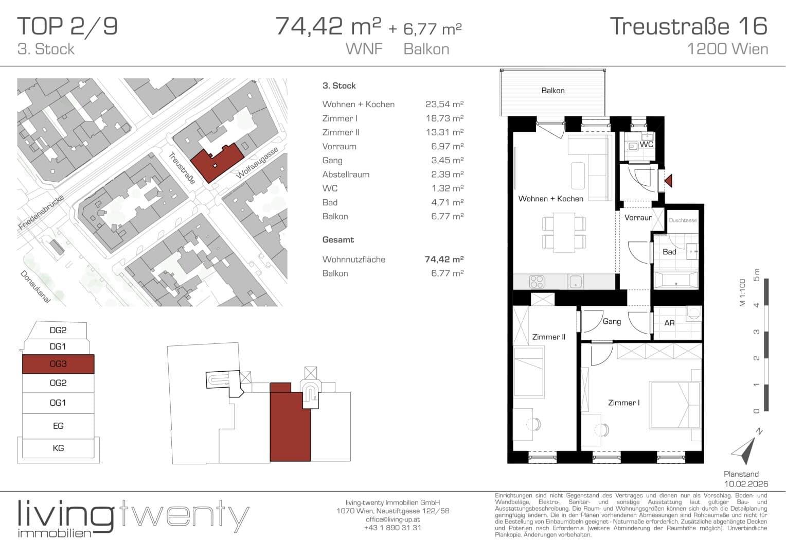 Grundriss Top 2/9 — Treustraße 16 — 3 Zimmer — 74 m² — 3rd floor — Augarten