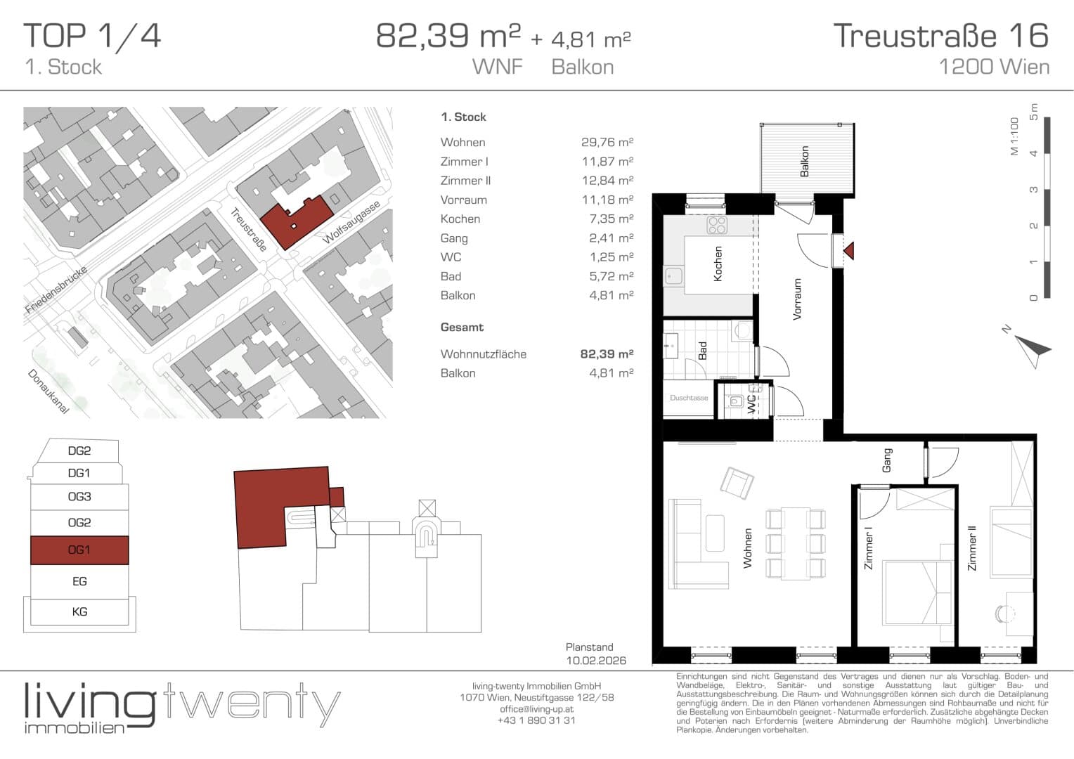 Grundriss Top 1/4 — Treustraße 16 — 3 Zimmer — 82 m² — 1st floor — Augarten