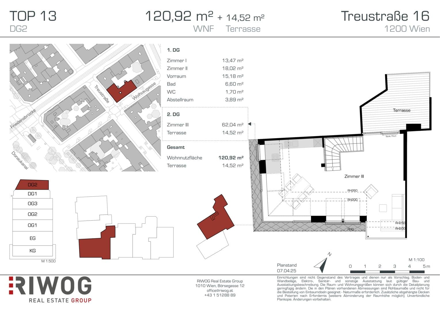 Grundriss Top 2/13 — Treustraße 16 — 3 Zimmer — 121 m² — 1st attic floor / 2nd attic floor — Augarten — Grundriss 2/2