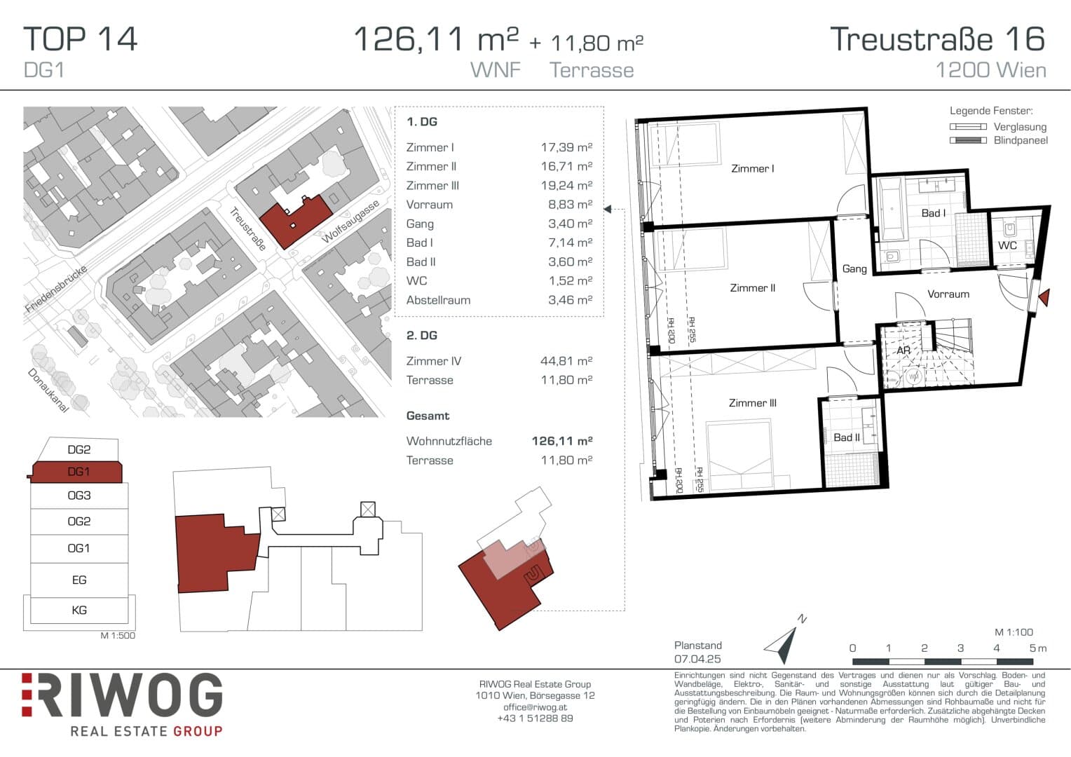 Grundriss Top 2/14 — Treustraße 16 — 4 Zimmer — 126 m² — 1st attic floor / 2nd attic floor — Augarten — Grundriss 1/2