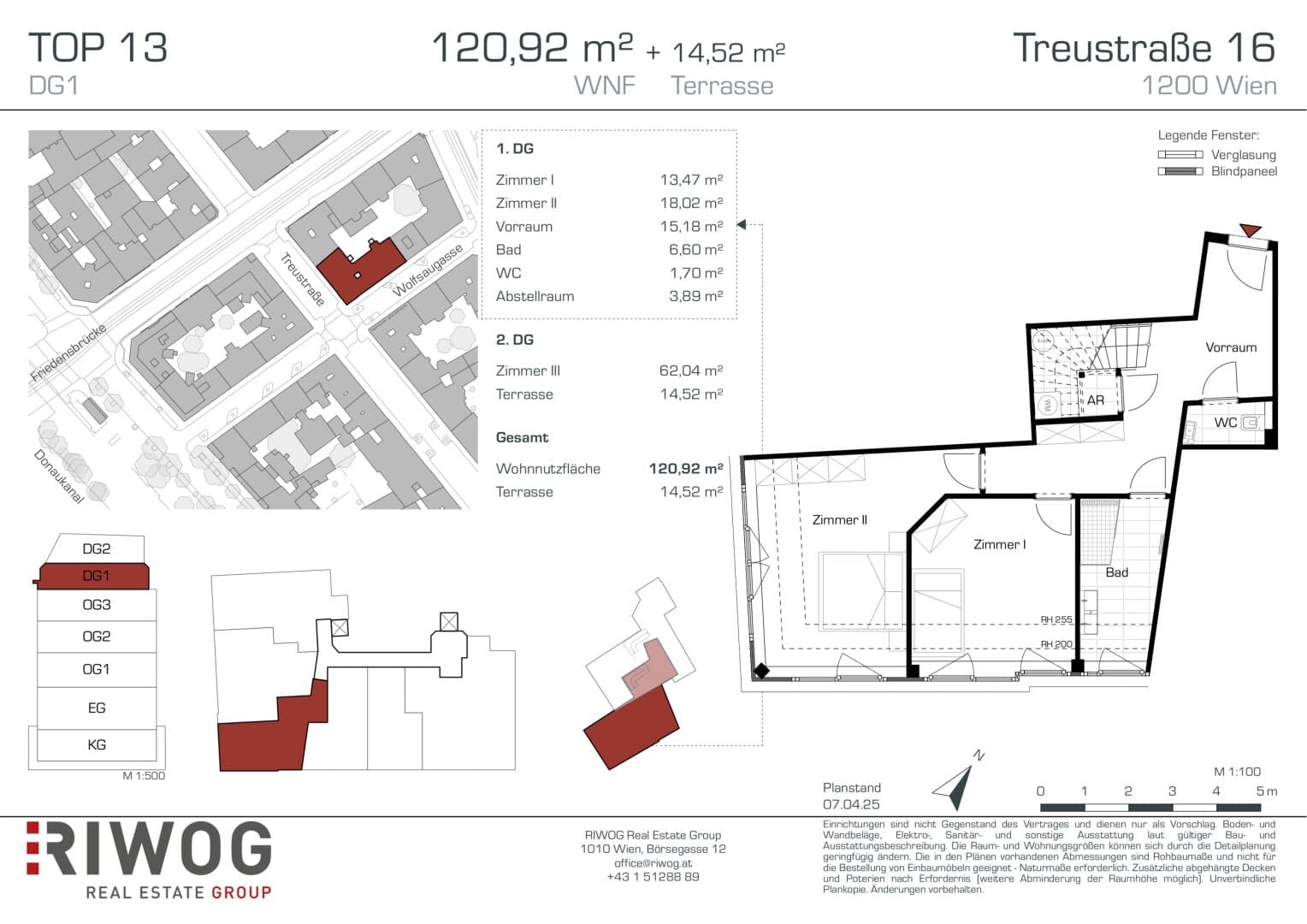 Grundriss Top 2/13 — Treustraße 16 — 3 Zimmer — 121 m² — 1st attic floor / 2nd attic floor — Augarten — Grundriss 1/2