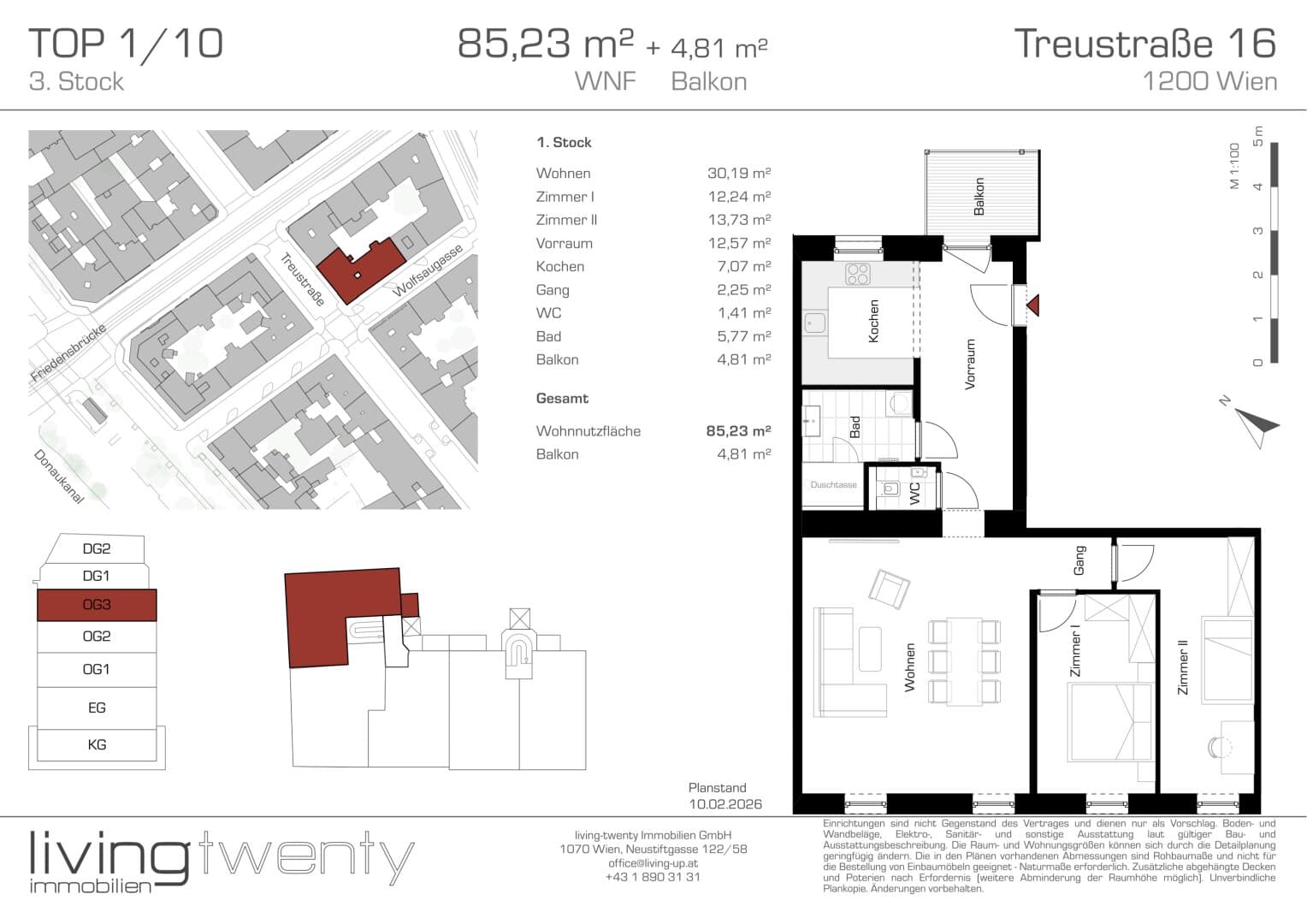 Grundriss Top 1/10 — Treustraße 16 — 3 Zimmer — 85 m² — 3rd floor — Augarten
