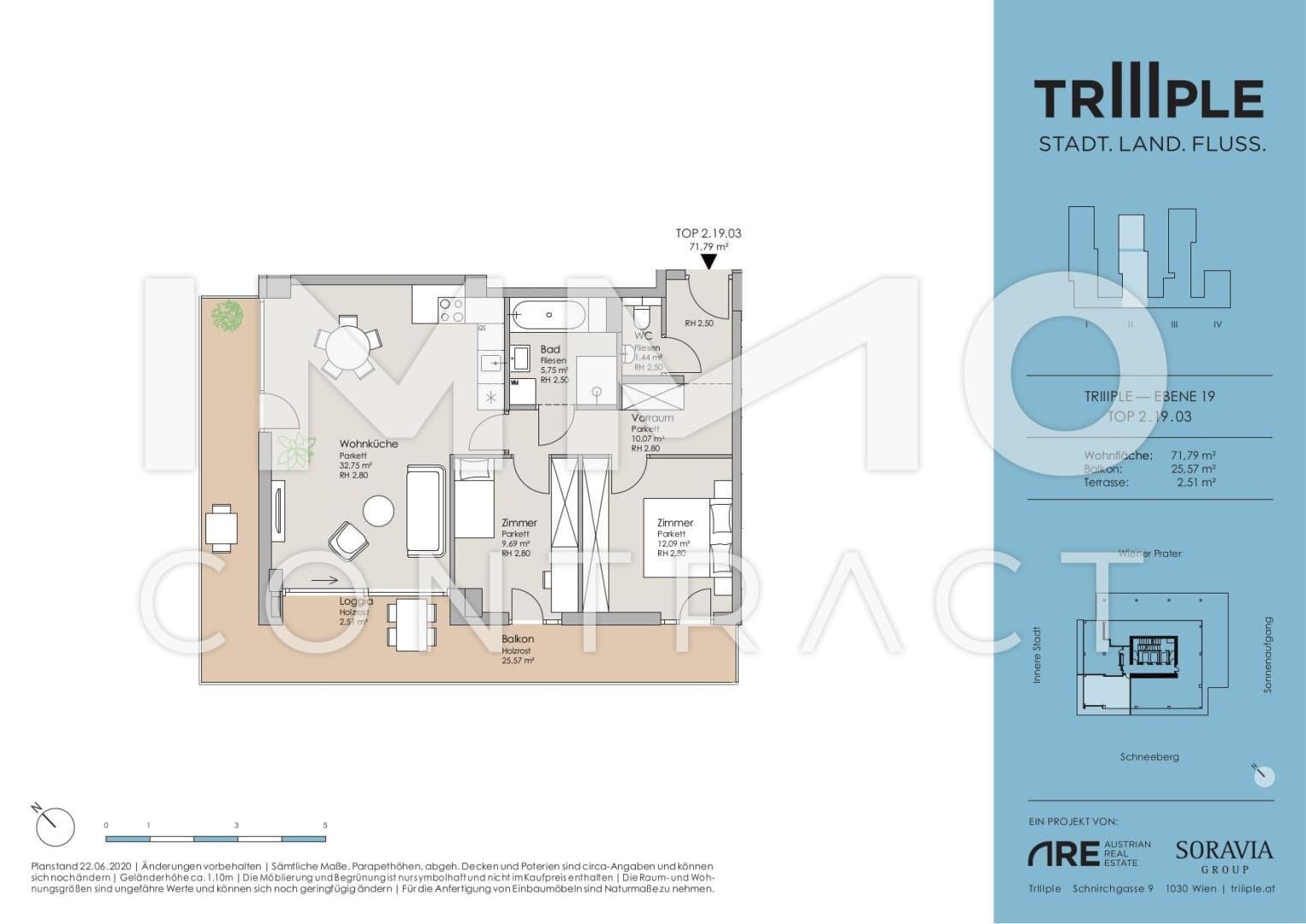 Grundriss Top 18726 — TrIIIple — 3 Zimmer — 71,8 m² — 19th floor — Schneeberg, Innere Stadt