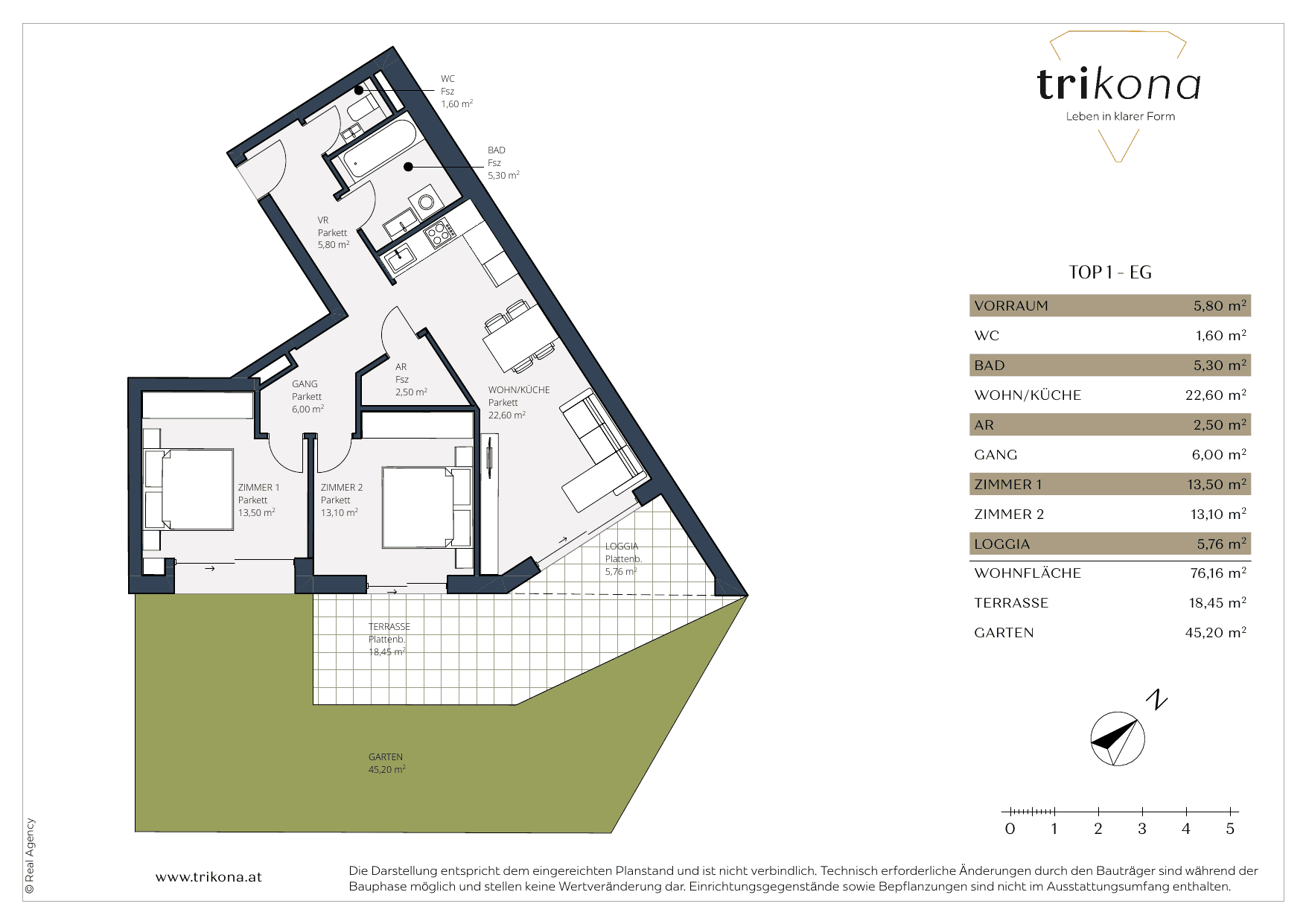 Grundriss Top 1 — Trikona — 3 Zimmer — 76,2 m²