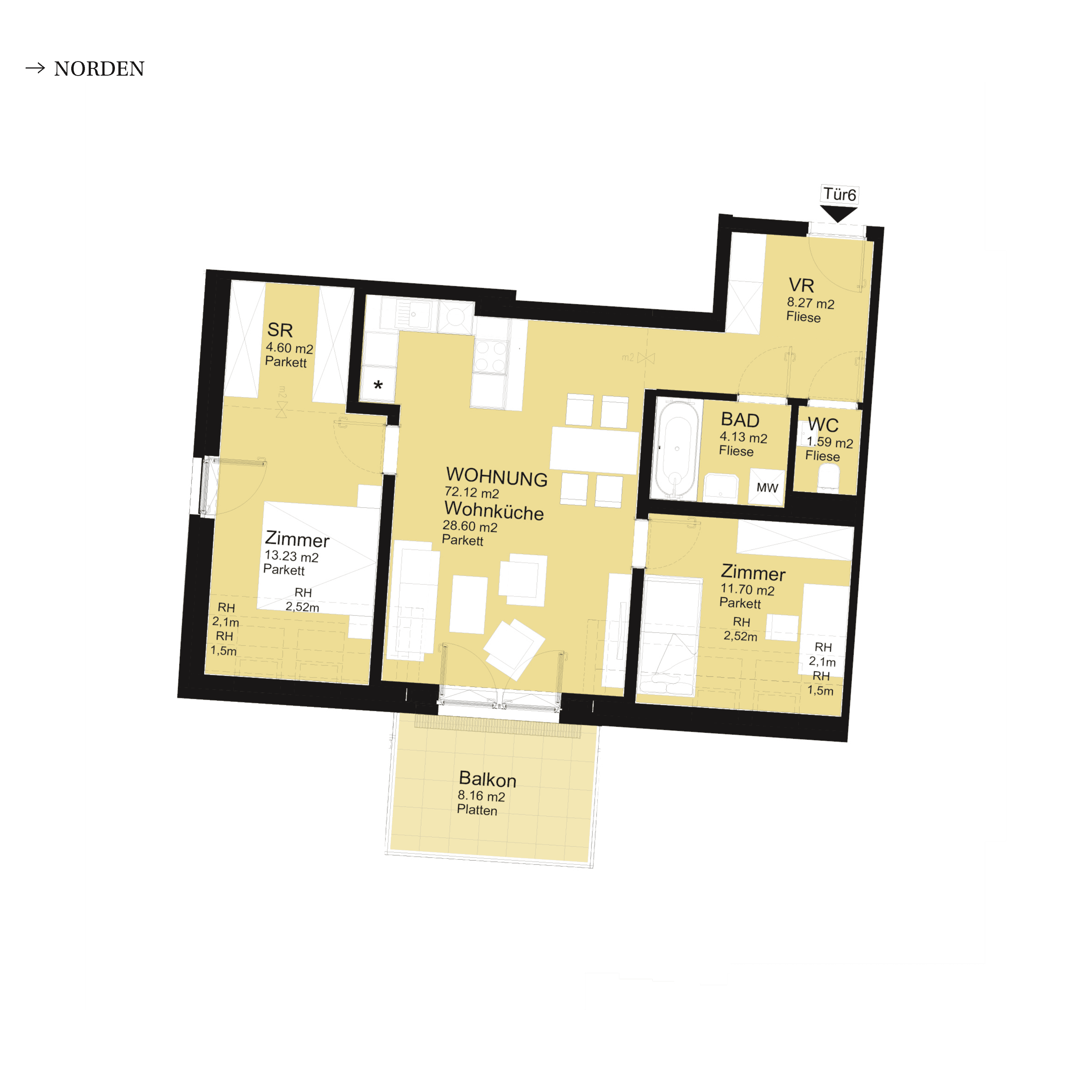 Grundriss Top D-S3-06 — UNTERLAA 151 Flats (UNTERLAA GARDENS) — 3 Zimmer — 72,1 m² — 1st attic floor