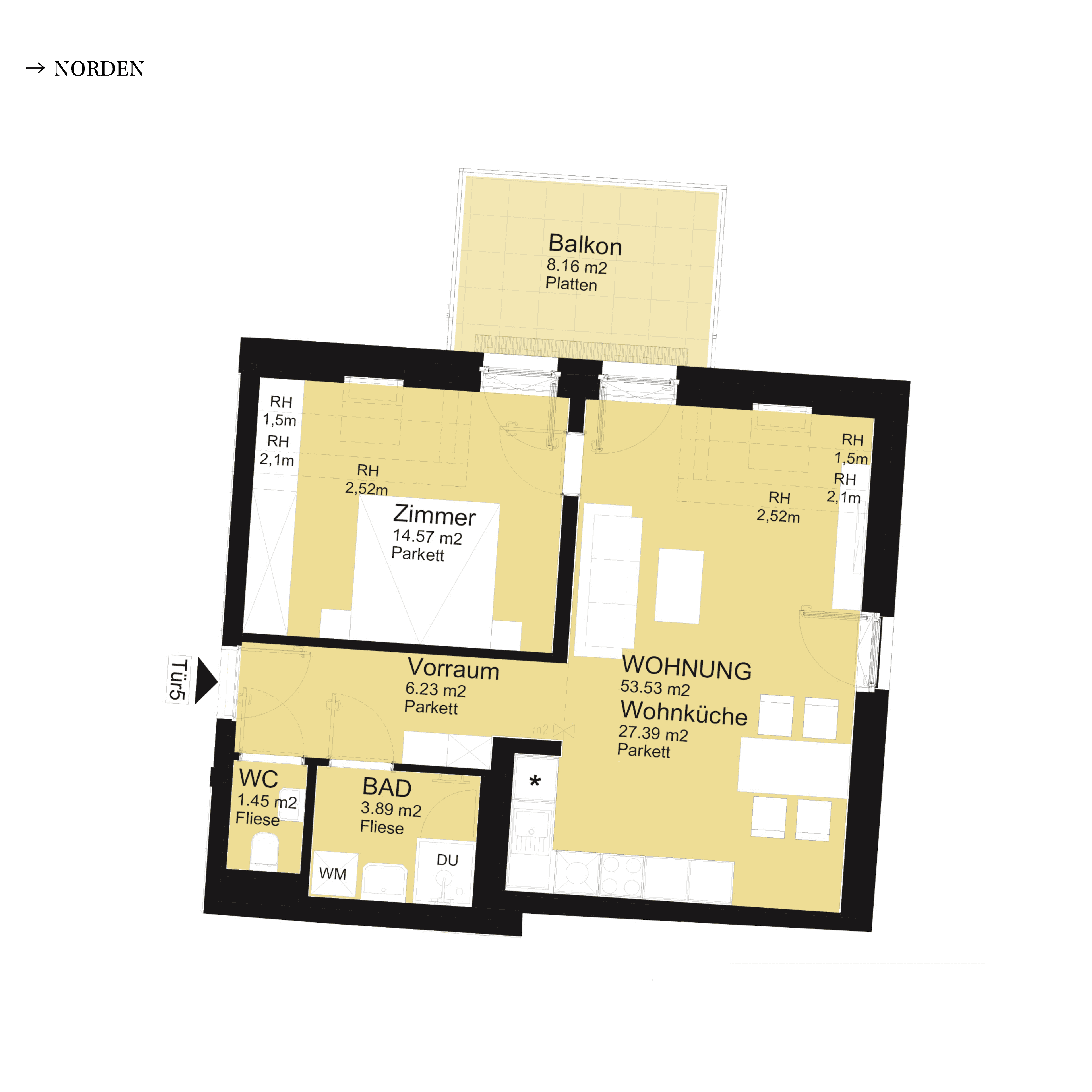 Grundriss Top D-S2-05 — UNTERLAA 151 Flats (UNTERLAA GARDENS) — 2 Zimmer — 53,5 m² — 1st attic floor