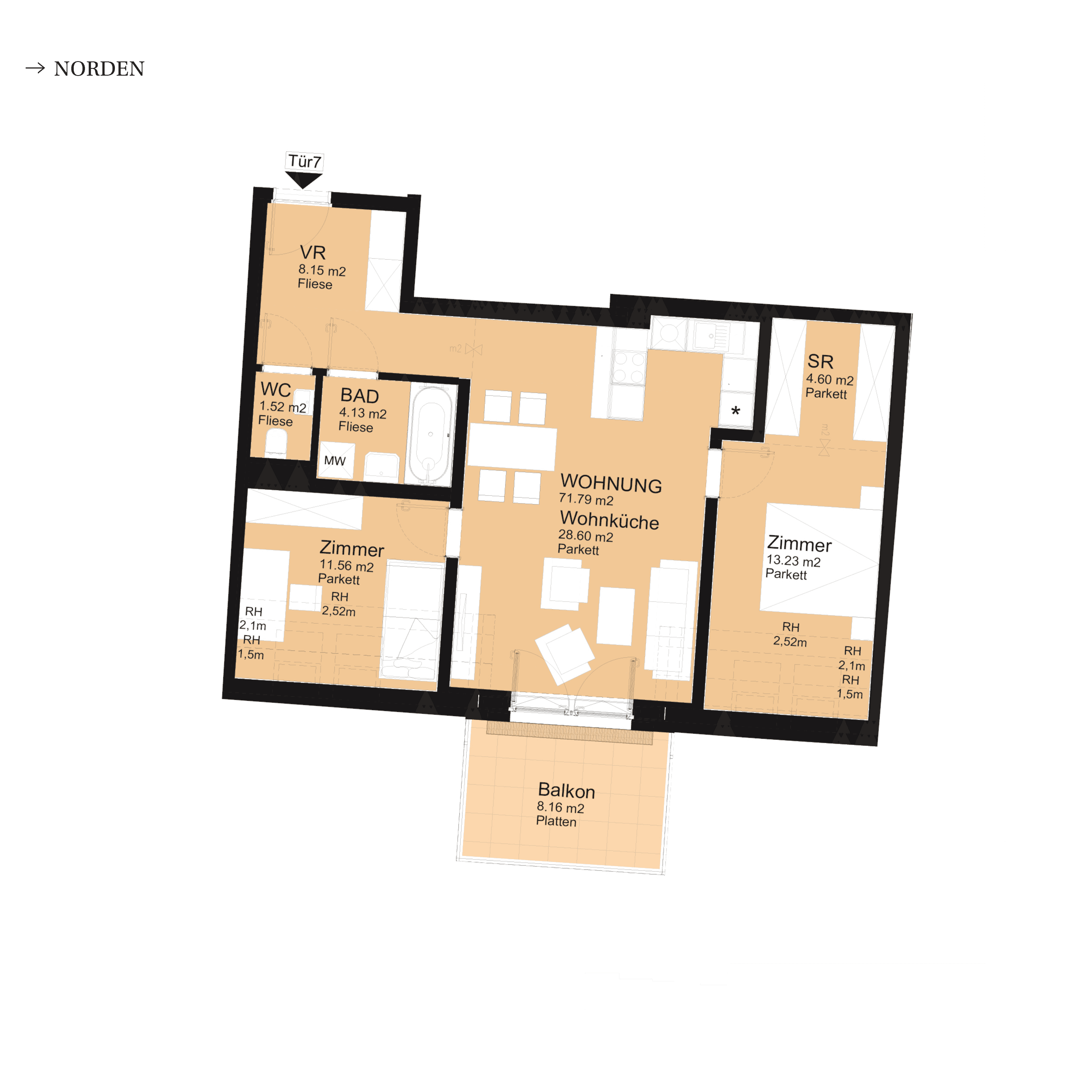 Grundriss Top D-S3-07 — UNTERLAA 151 Flats (UNTERLAA GARDENS) — 3 Zimmer — 71,8 m² — 1st attic floor