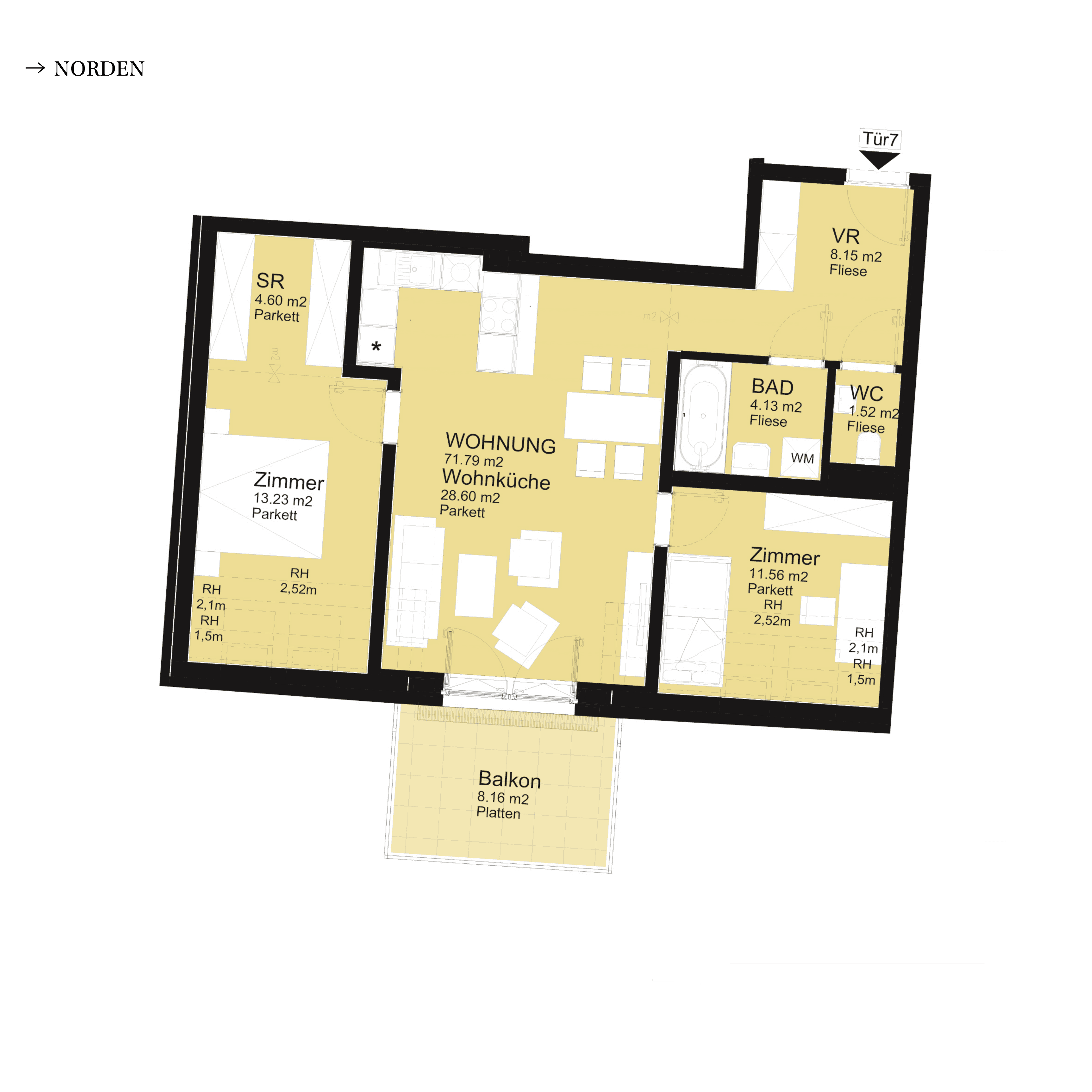 Grundriss Top D-S2-07 — UNTERLAA 151 Flats (UNTERLAA GARDENS) — 3 Zimmer — 71,8 m² — 1st attic floor