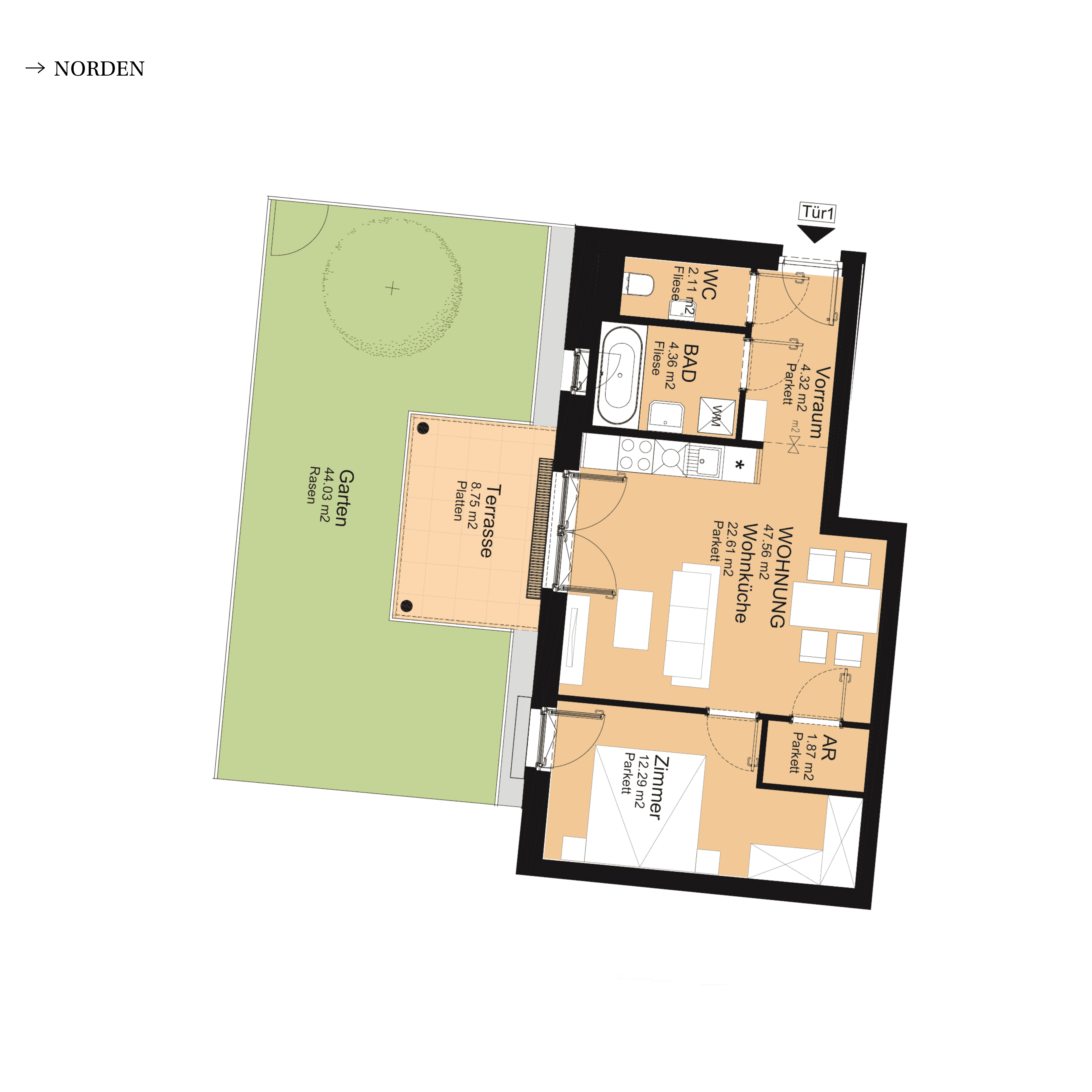 Grundriss Top A-S1-01 — UNTERLAA 151 Flats (UNTERLAA GARDENS) — 2 Zimmer — 47,6 m² — Ground floor