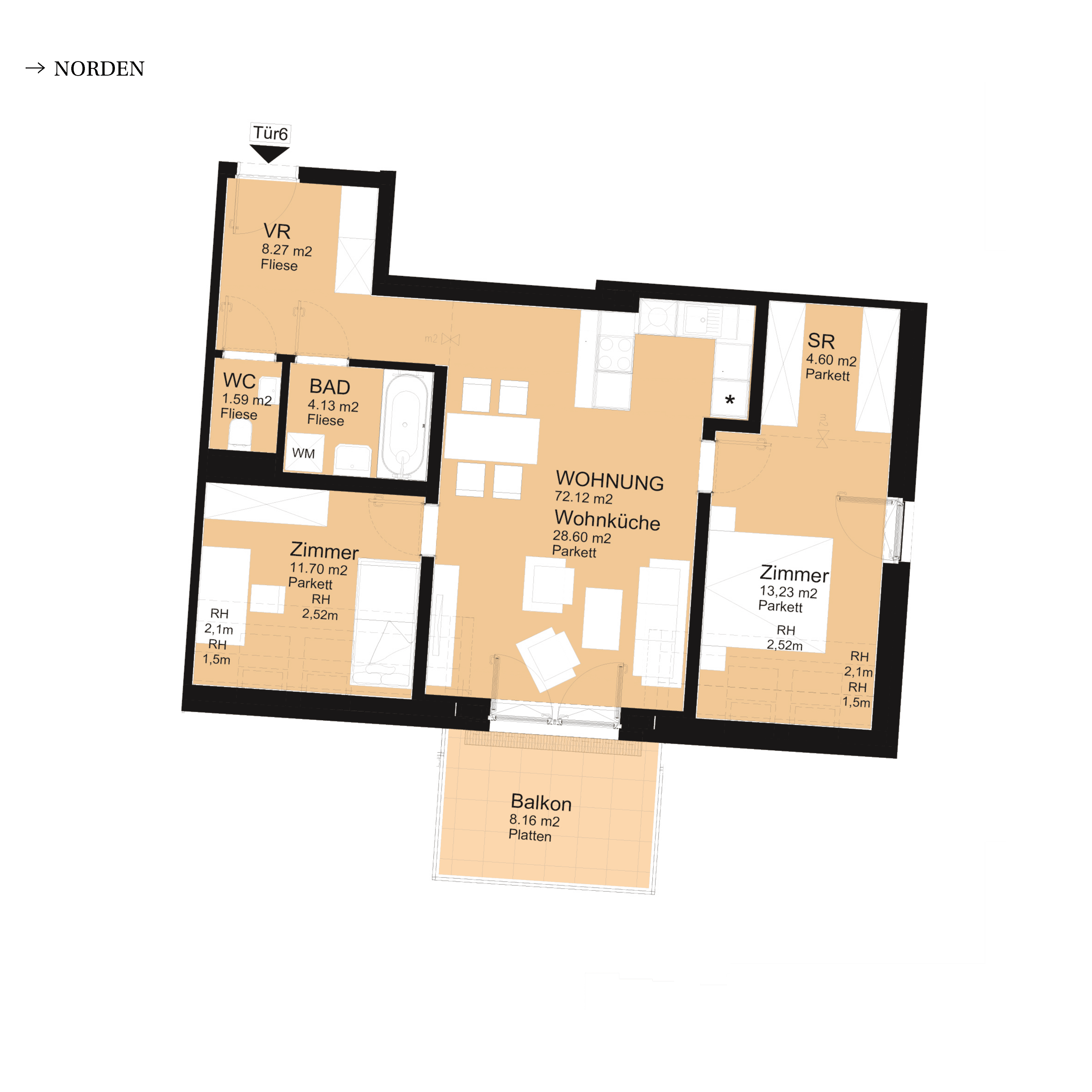 Grundriss Top D-S2-06 — UNTERLAA 151 Flats (UNTERLAA GARDENS) — 3 Zimmer — 72,1 m² — 1st attic floor