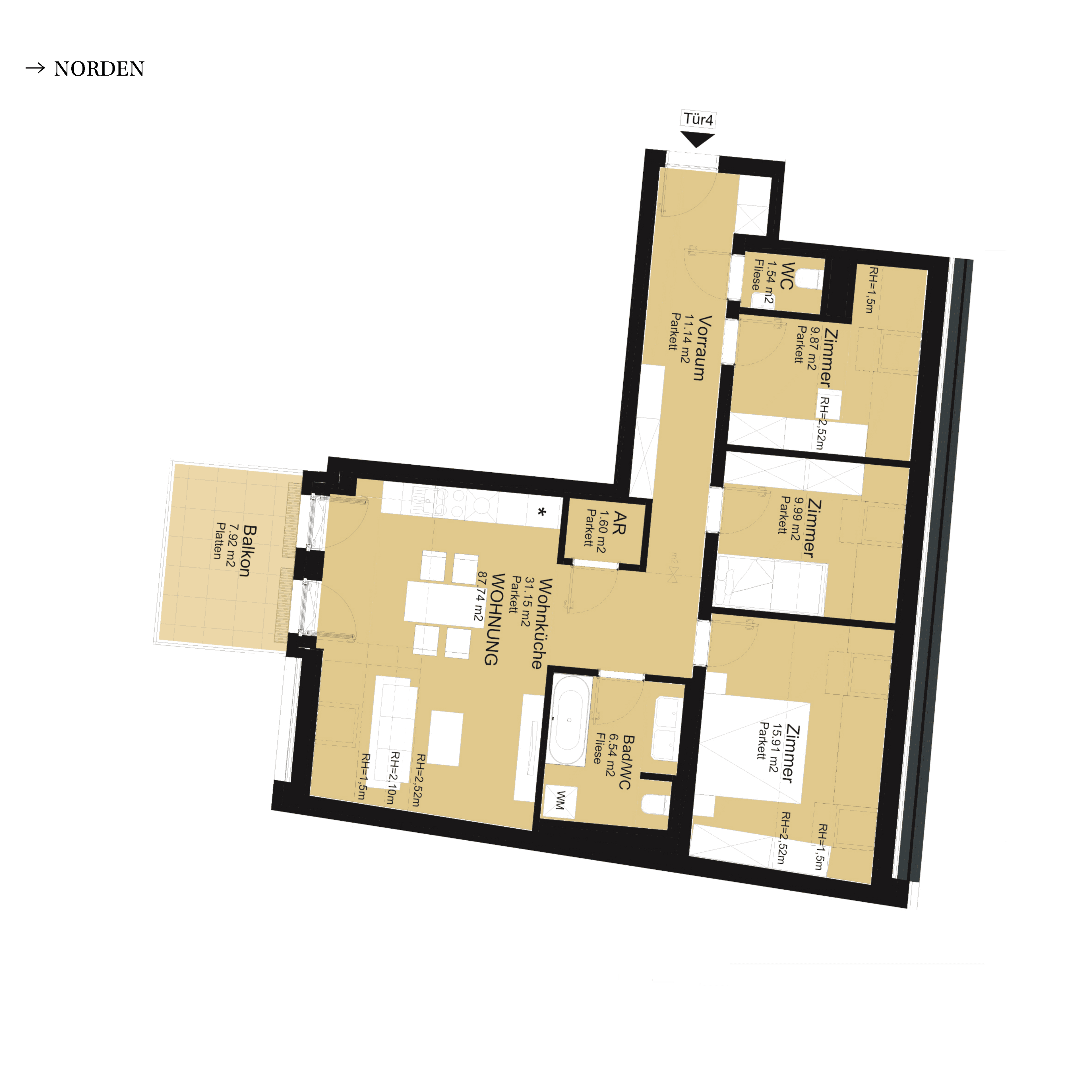 Grundriss Top A-S1-04 — UNTERLAA 151 Flats (UNTERLAA GARDENS) — 4 Zimmer — 87,7 m² — 1st attic floor