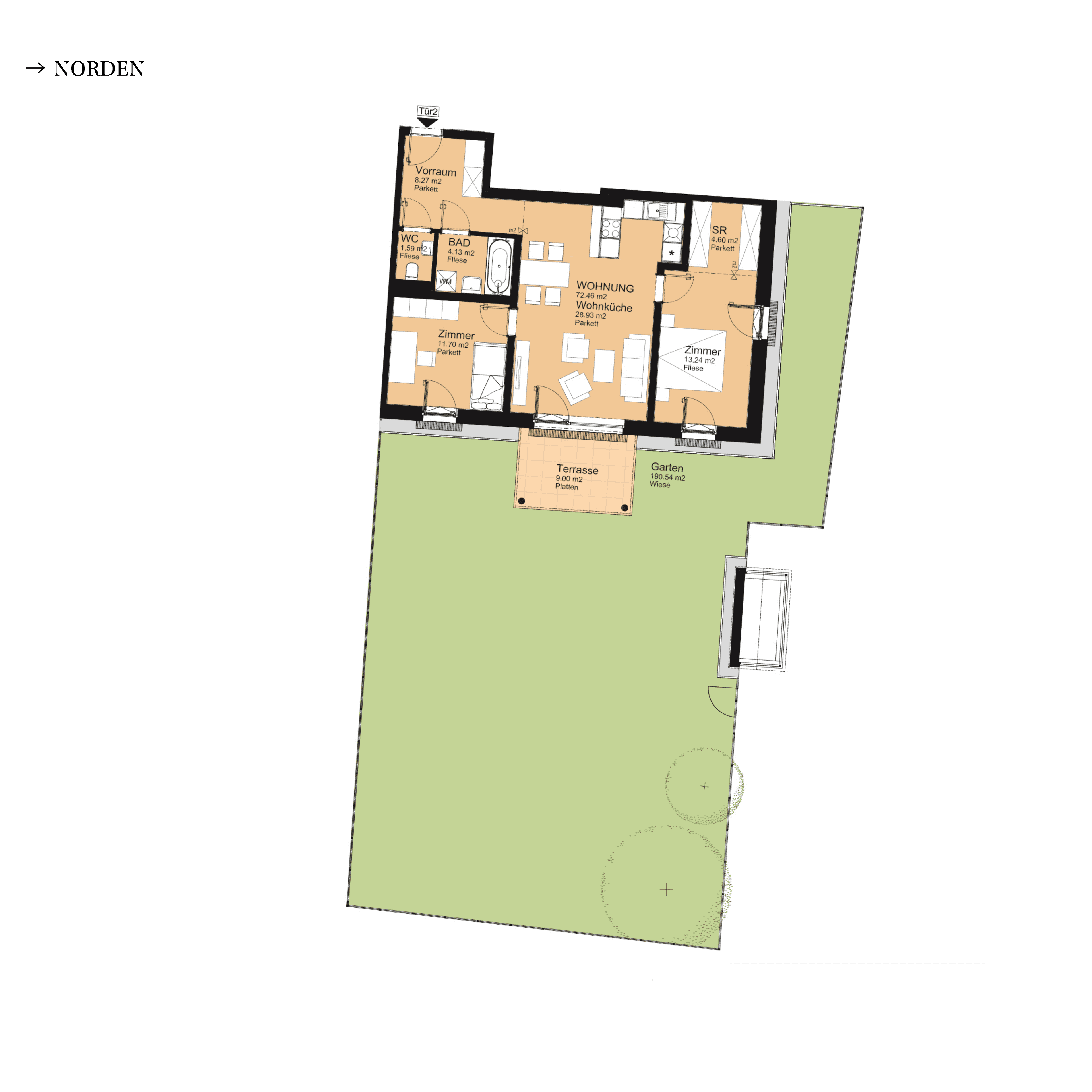 Grundriss Top D-S2-02 — UNTERLAA 151 Flats (UNTERLAA GARDENS) — 3 Zimmer — 72,5 m² — Ground floor