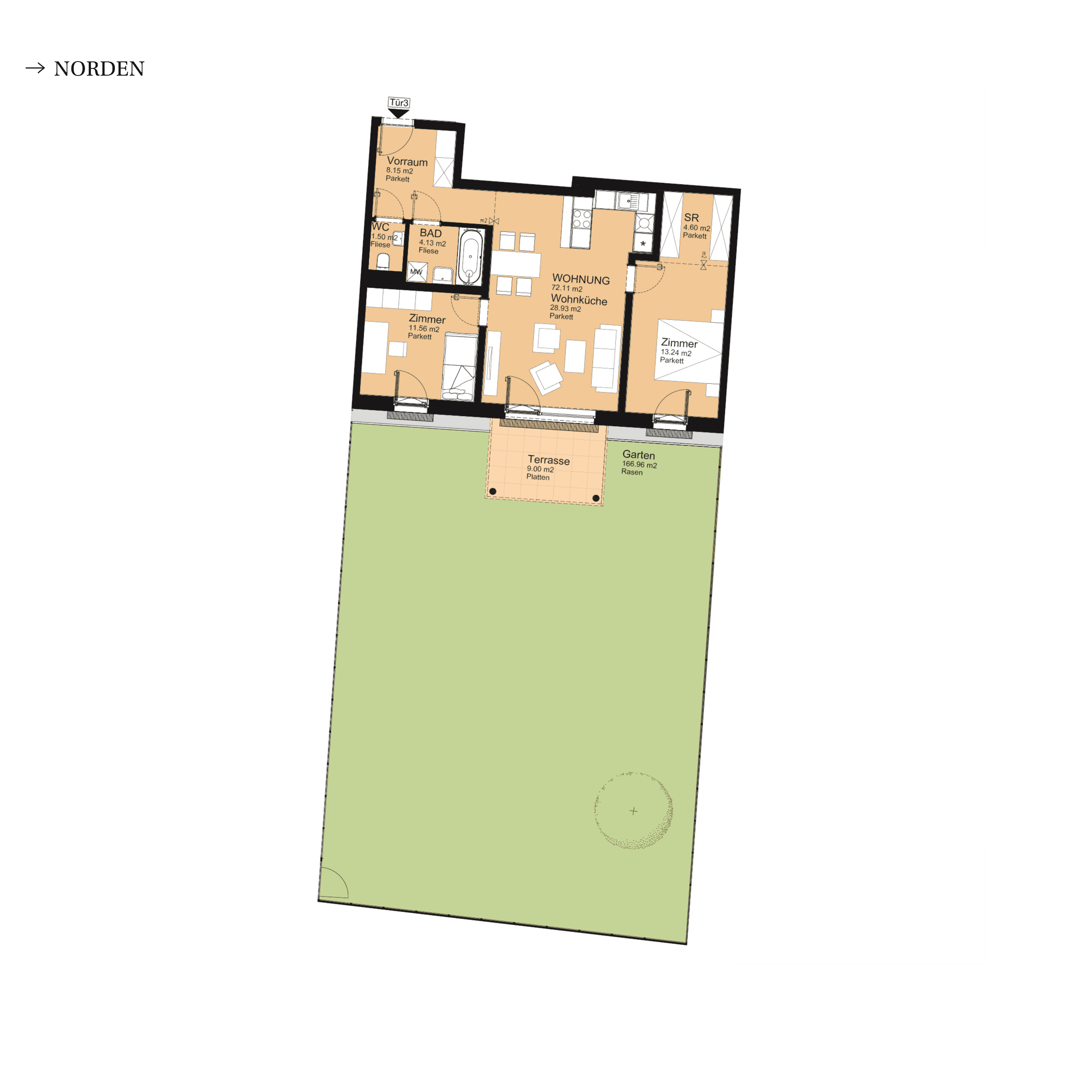 Grundriss Top D-S3-03 — UNTERLAA 151 Flats (UNTERLAA GARDENS) — 4 Zimmer — 72,1 m² — Ground floor