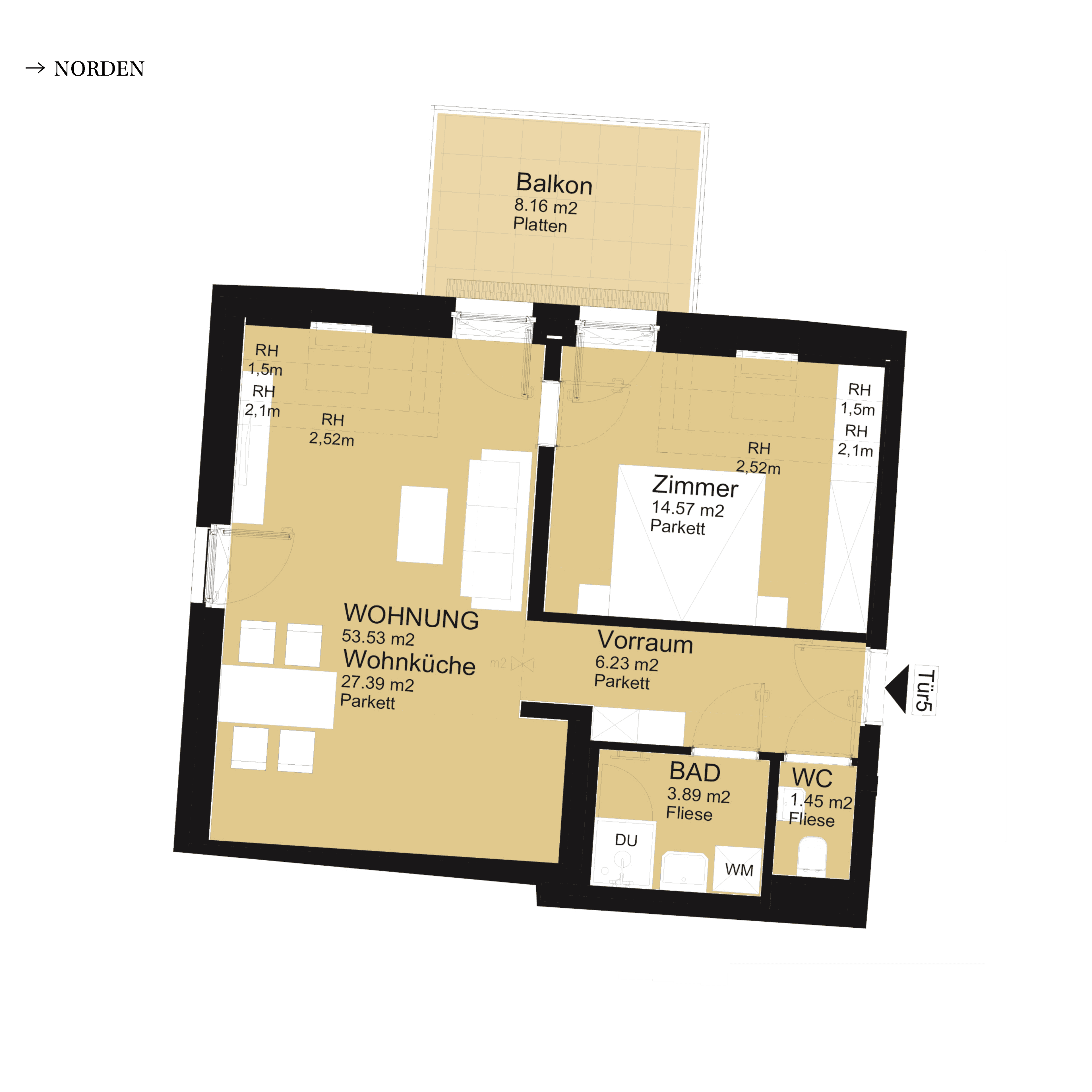 Grundriss Top D-S3-05 — UNTERLAA 151 Flats (UNTERLAA GARDENS) — 2 Zimmer — 53,5 m² — 1st attic floor