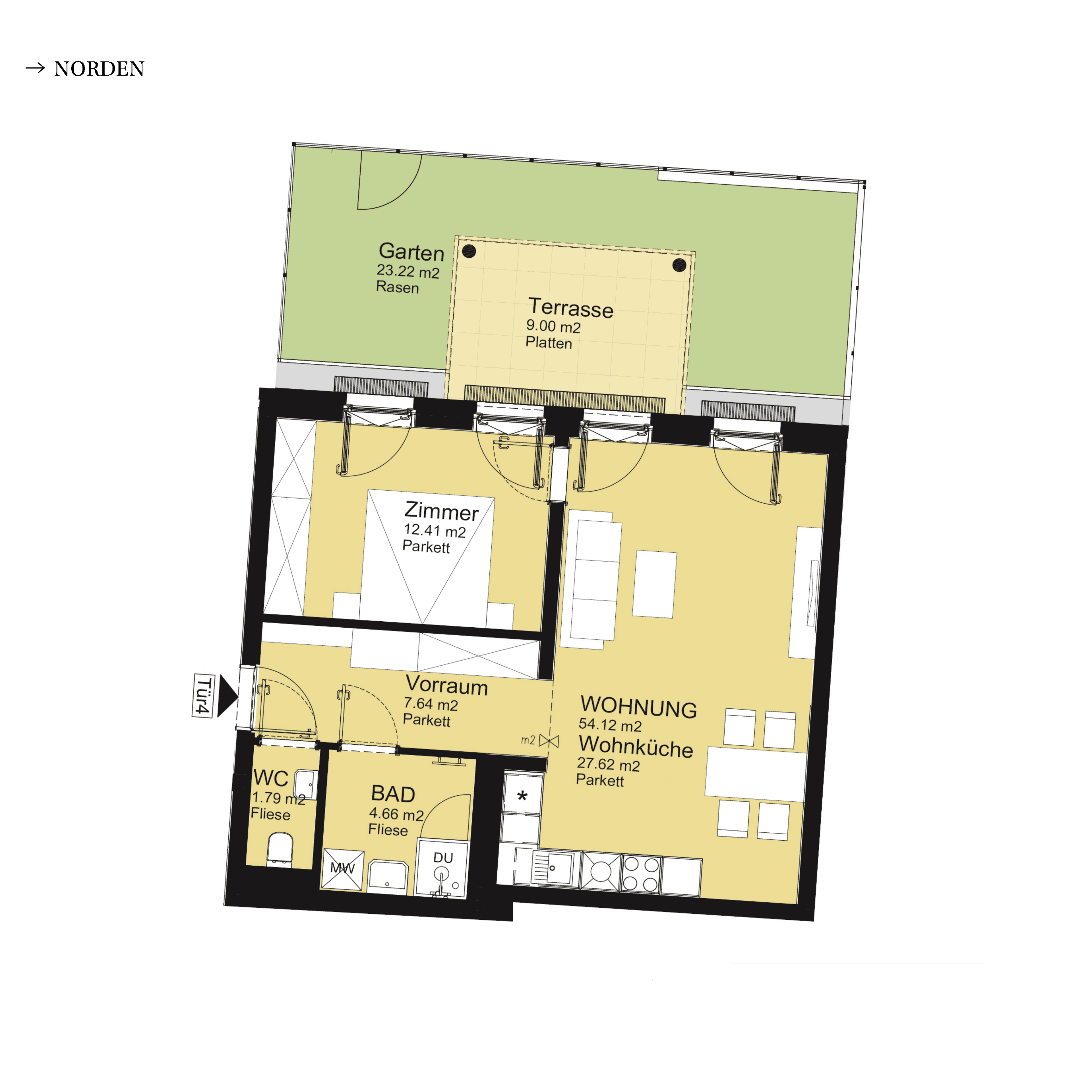Grundriss Top D-S3-04 — UNTERLAA 151 Flats (UNTERLAA GARDENS) — 2 Zimmer — 54,1 m² — Ground floor