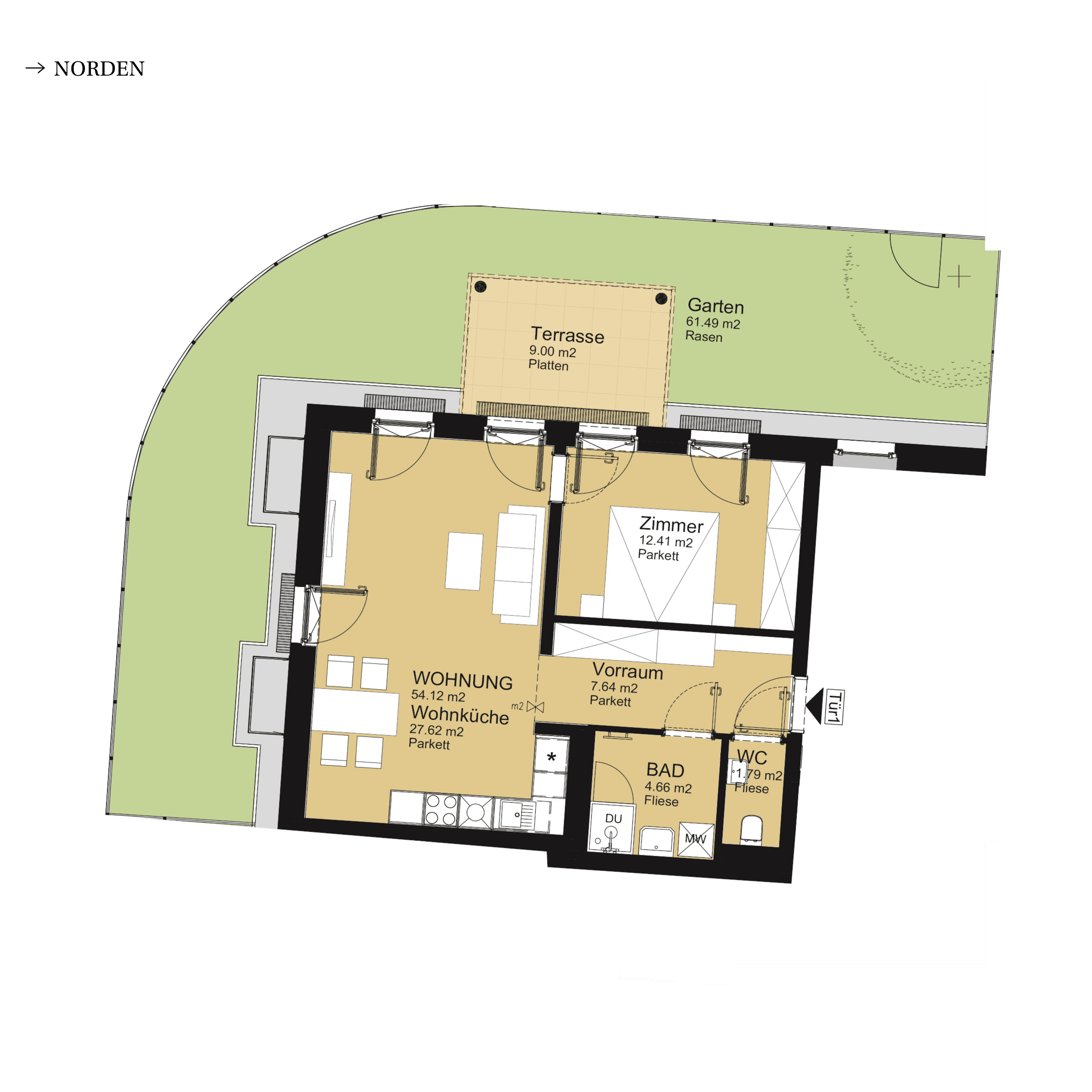 Grundriss Top D-S3-01 — UNTERLAA 151 Flats (UNTERLAA GARDENS) — 2 Zimmer — 54,1 m² — Ground floor