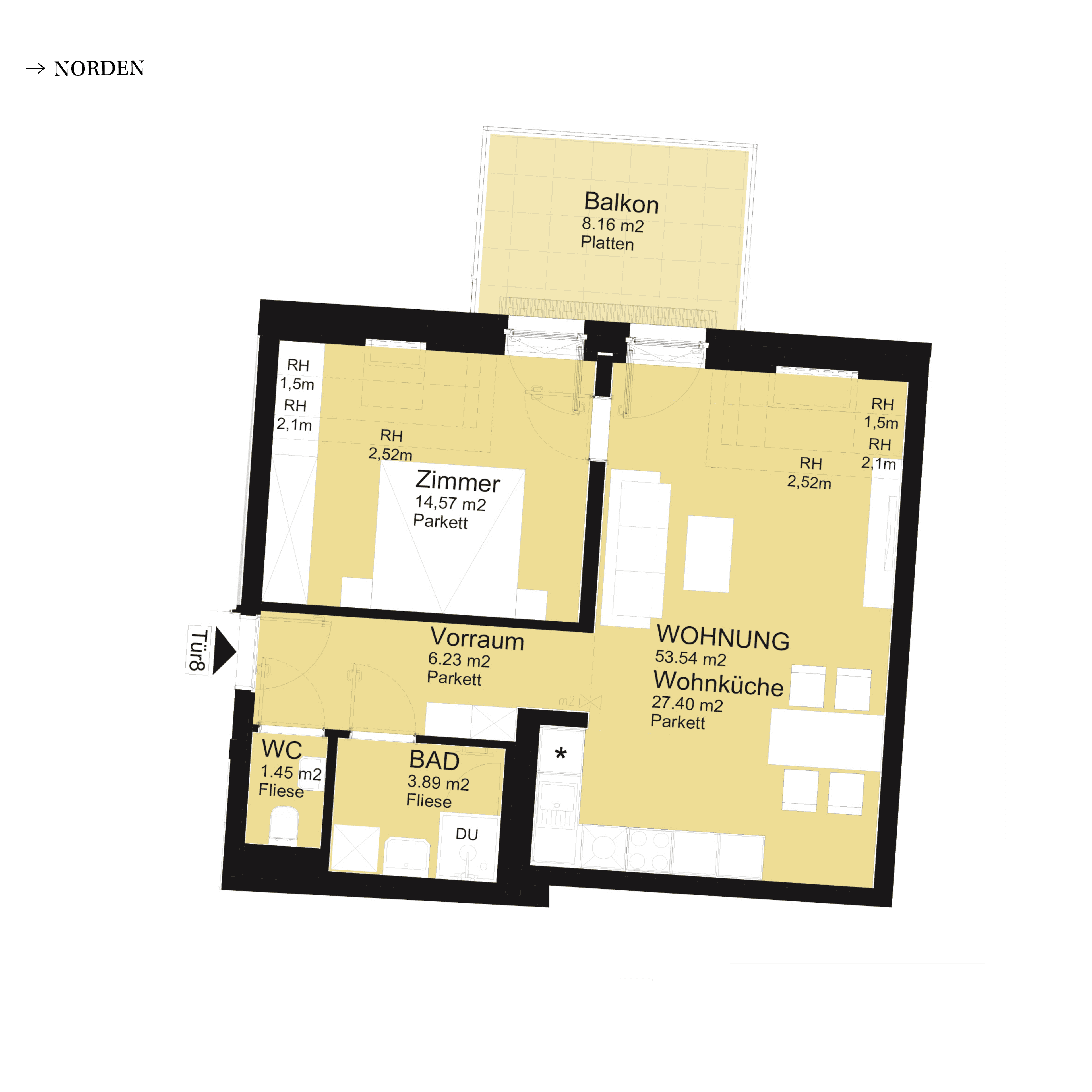 Grundriss Top D-S3-08 — UNTERLAA 151 Flats (UNTERLAA GARDENS) — 2 Zimmer — 53,5 m² — 1st attic floor