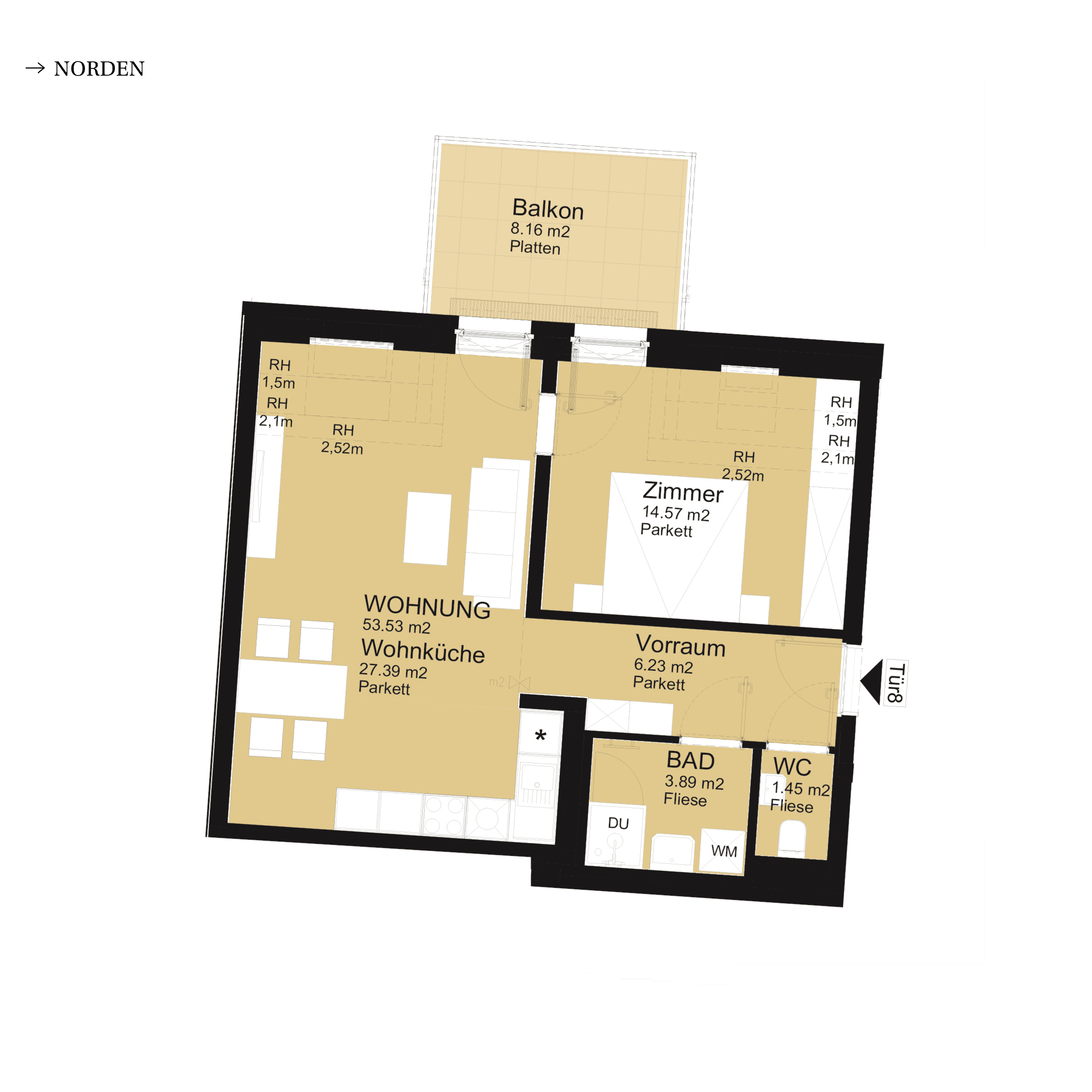 Grundriss Top D-S2-08 — UNTERLAA 151 Flats (UNTERLAA GARDENS) — 2 Zimmer — 53,5 m² — 1st attic floor