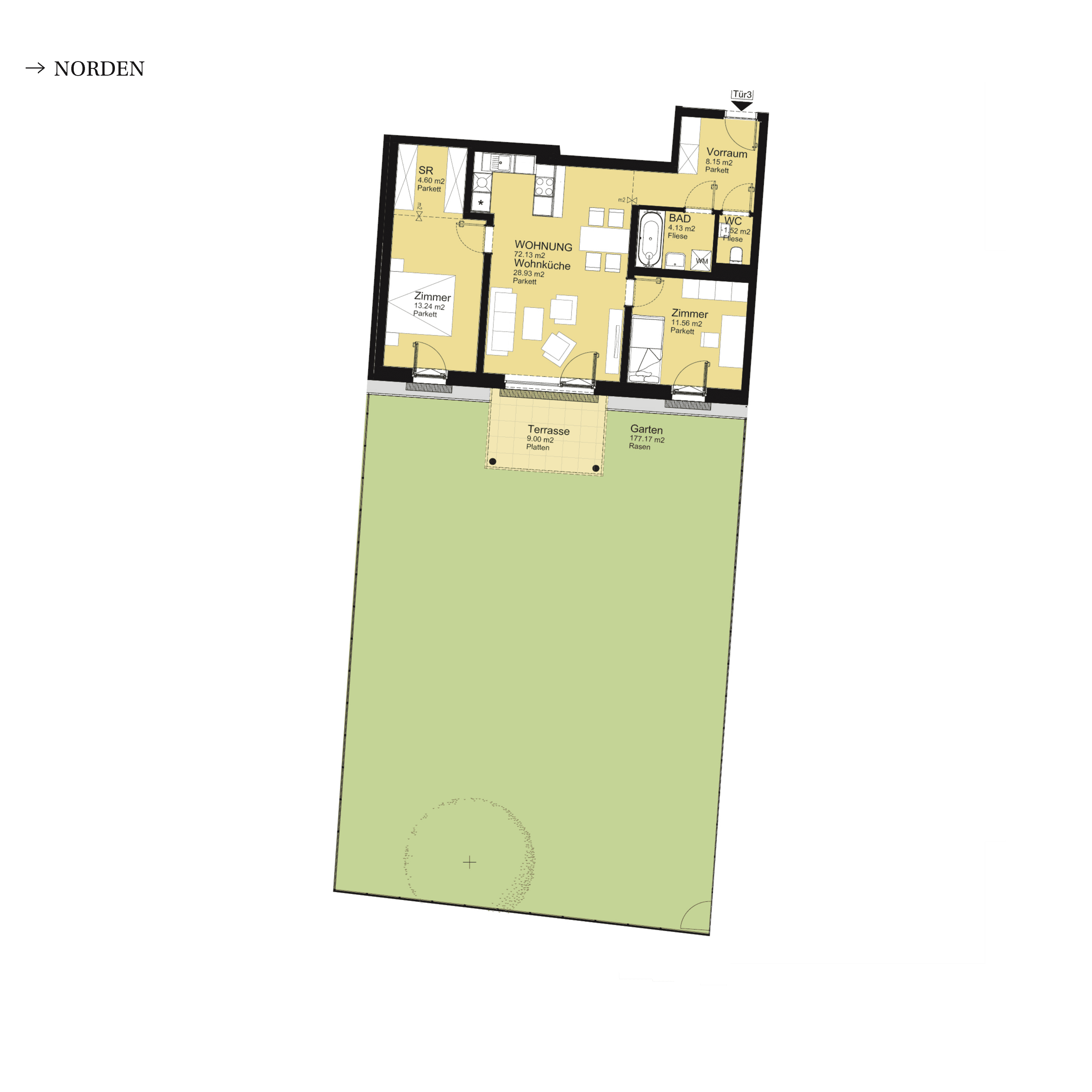 Grundriss Top D-S2-03 — UNTERLAA 151 Flats (UNTERLAA GARDENS) — 3 Zimmer — 72,1 m² — Ground floor