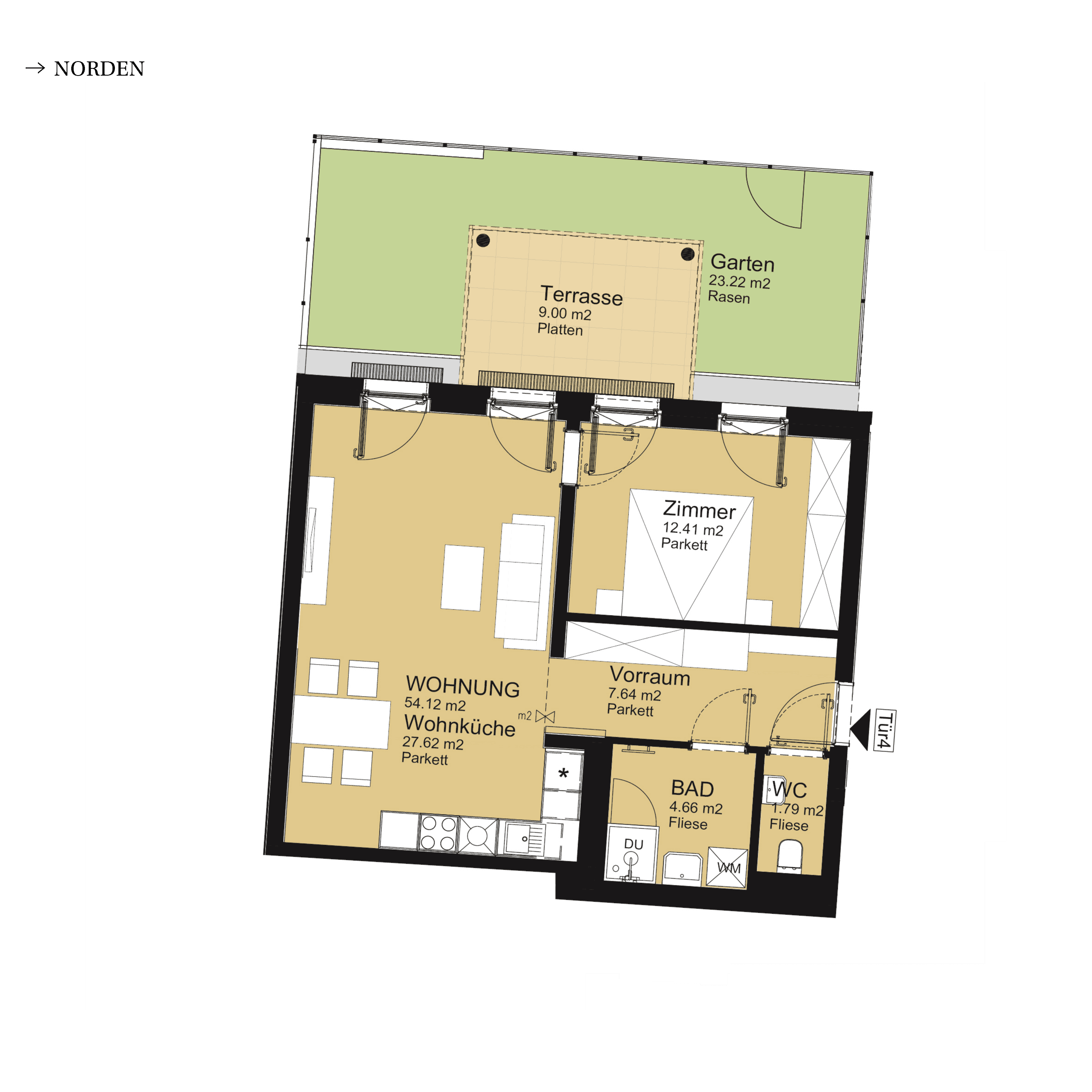 Grundriss Top D-S2-04 — UNTERLAA 151 Flats (UNTERLAA GARDENS) — 2 Zimmer — 54,1 m² — Ground floor