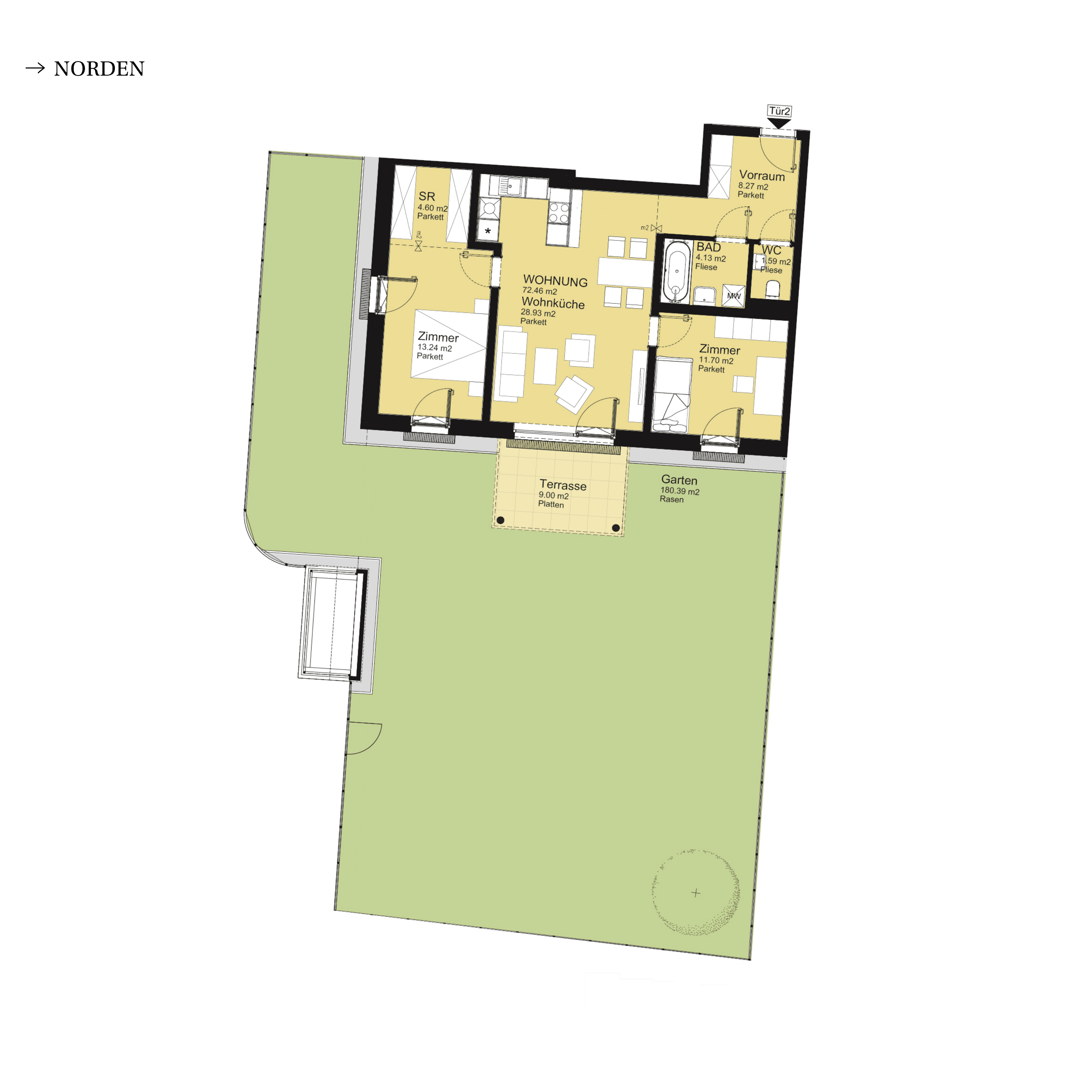 Grundriss Top D-S3-02 — UNTERLAA 151 Flats (UNTERLAA GARDENS) — 3 Zimmer — 72,5 m² — Ground floor