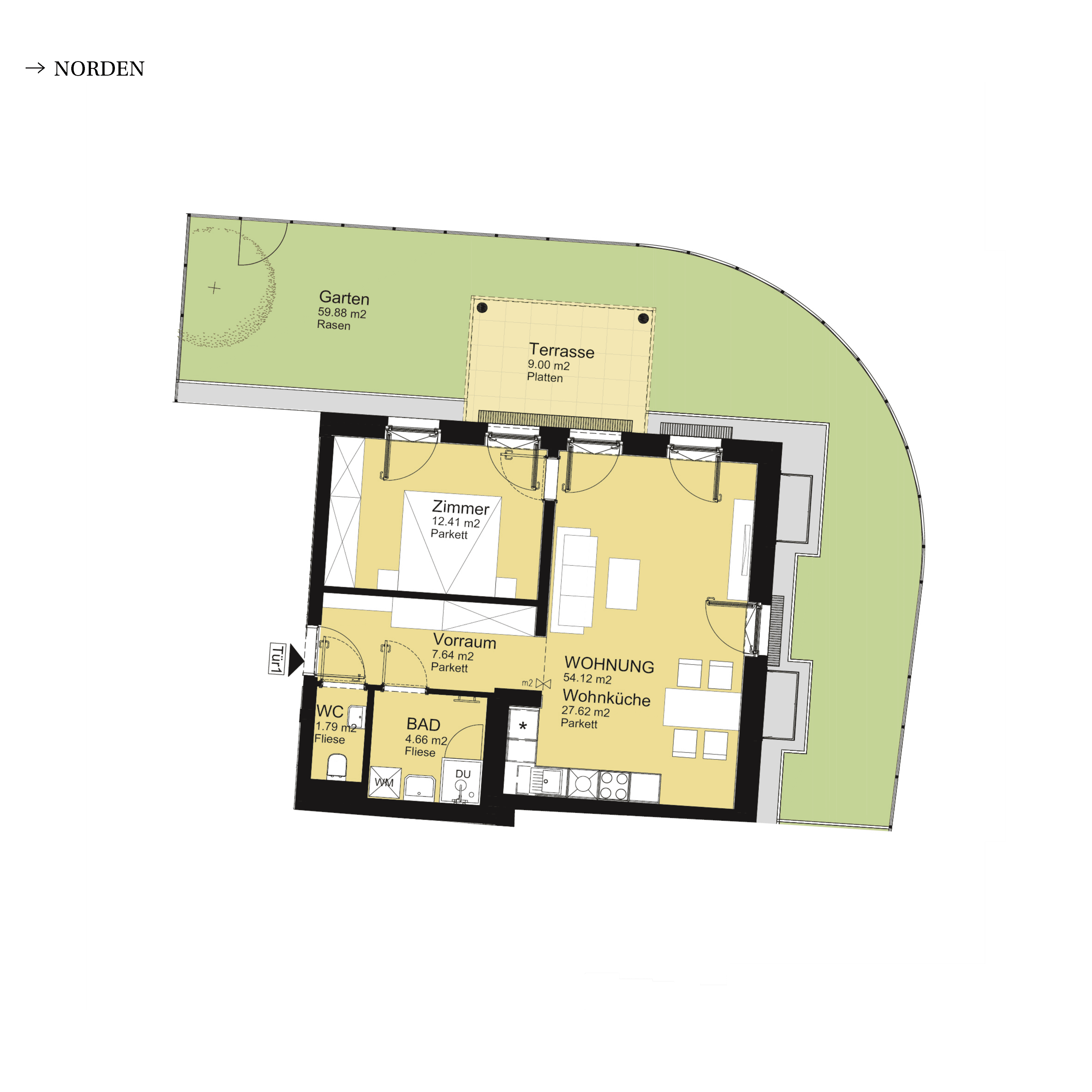 Grundriss Top D-S2-01 — UNTERLAA 151 Flats (UNTERLAA GARDENS) — 2 Zimmer — 54,1 m² — Ground floor