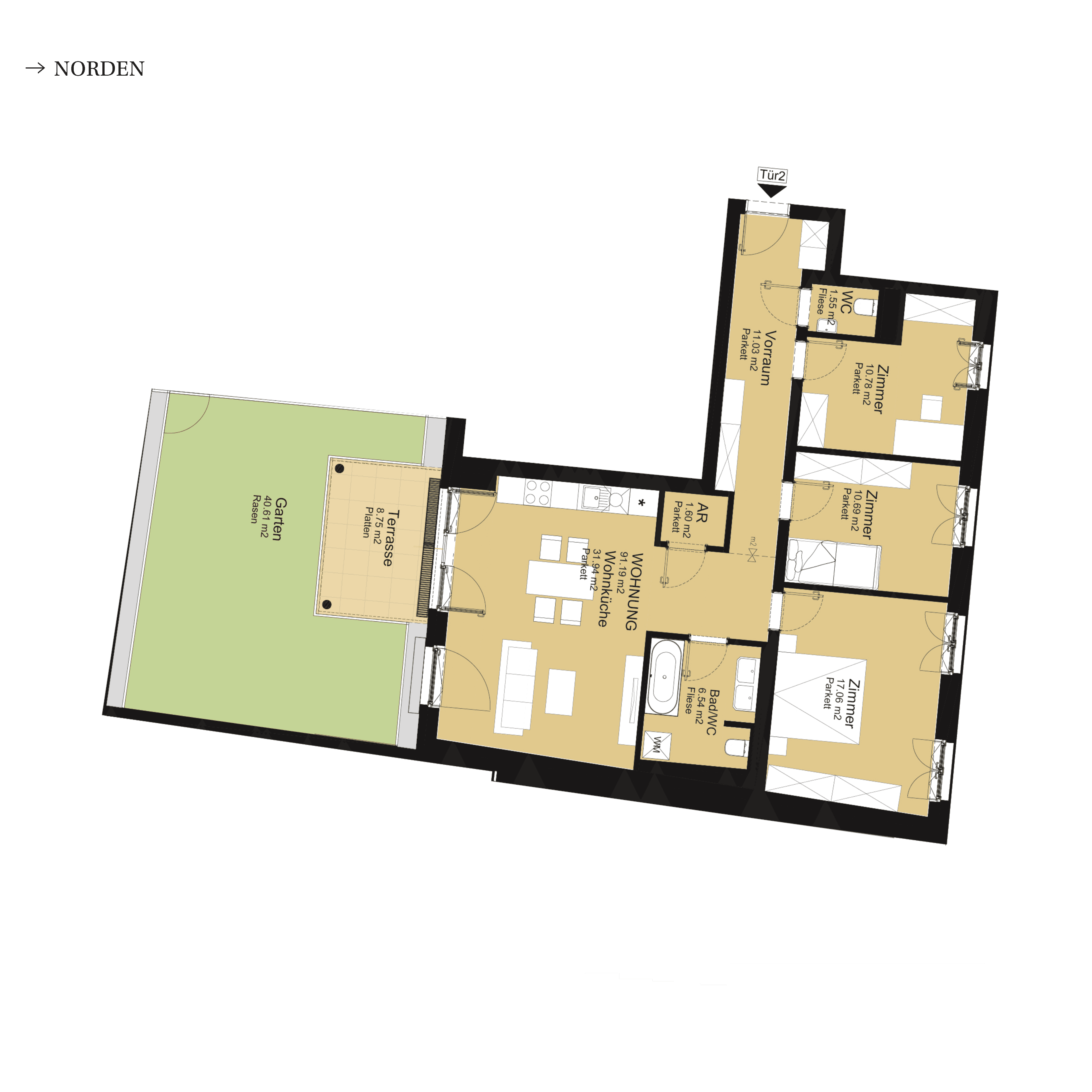 Grundriss Top A-S1-02 — UNTERLAA 151 Flats (UNTERLAA GARDENS) — 4 Zimmer — 91,2 m² — Ground floor