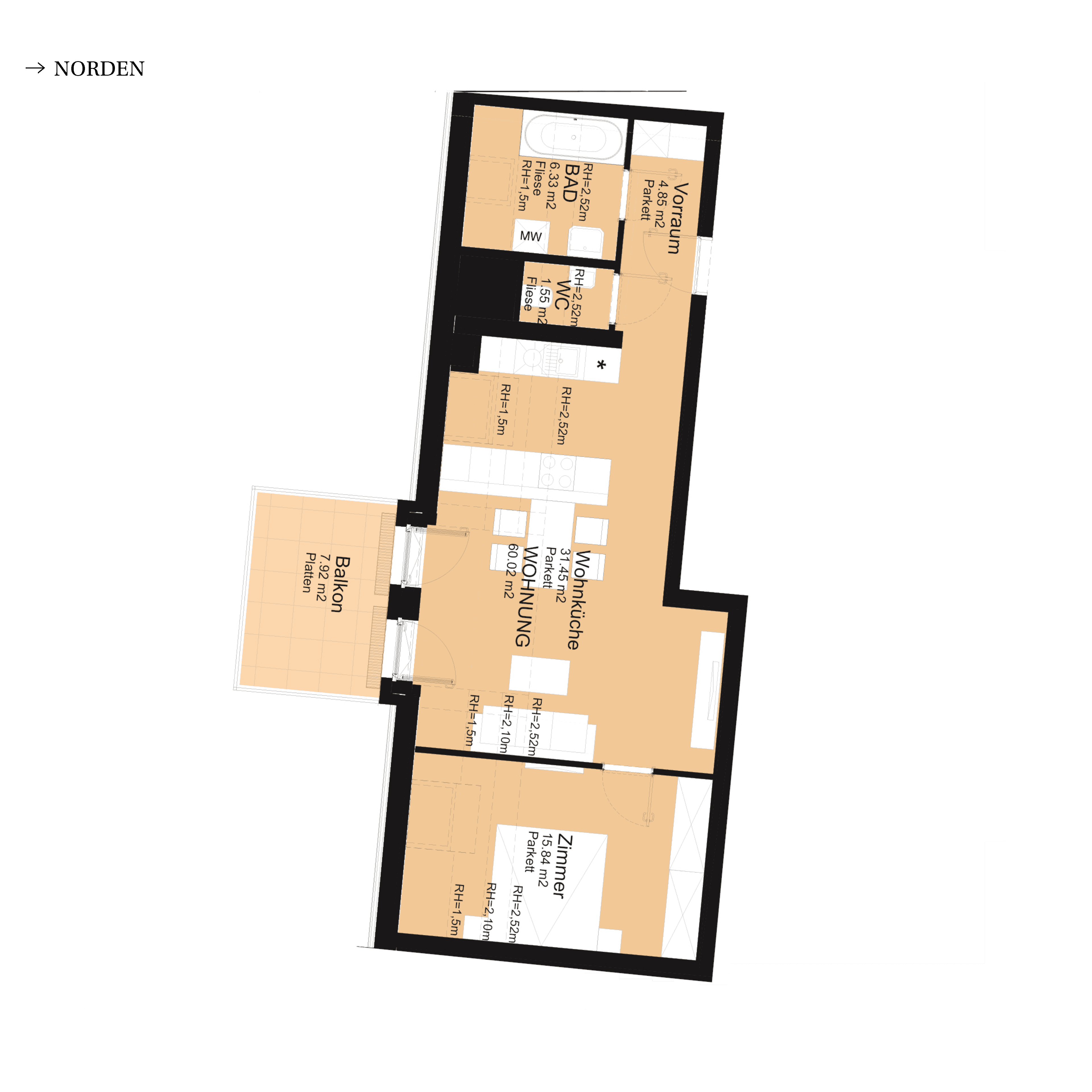 Grundriss Top A-S1-03 — UNTERLAA 151 Flats (UNTERLAA GARDENS) — 2 Zimmer — 60 m² — 1st attic floor