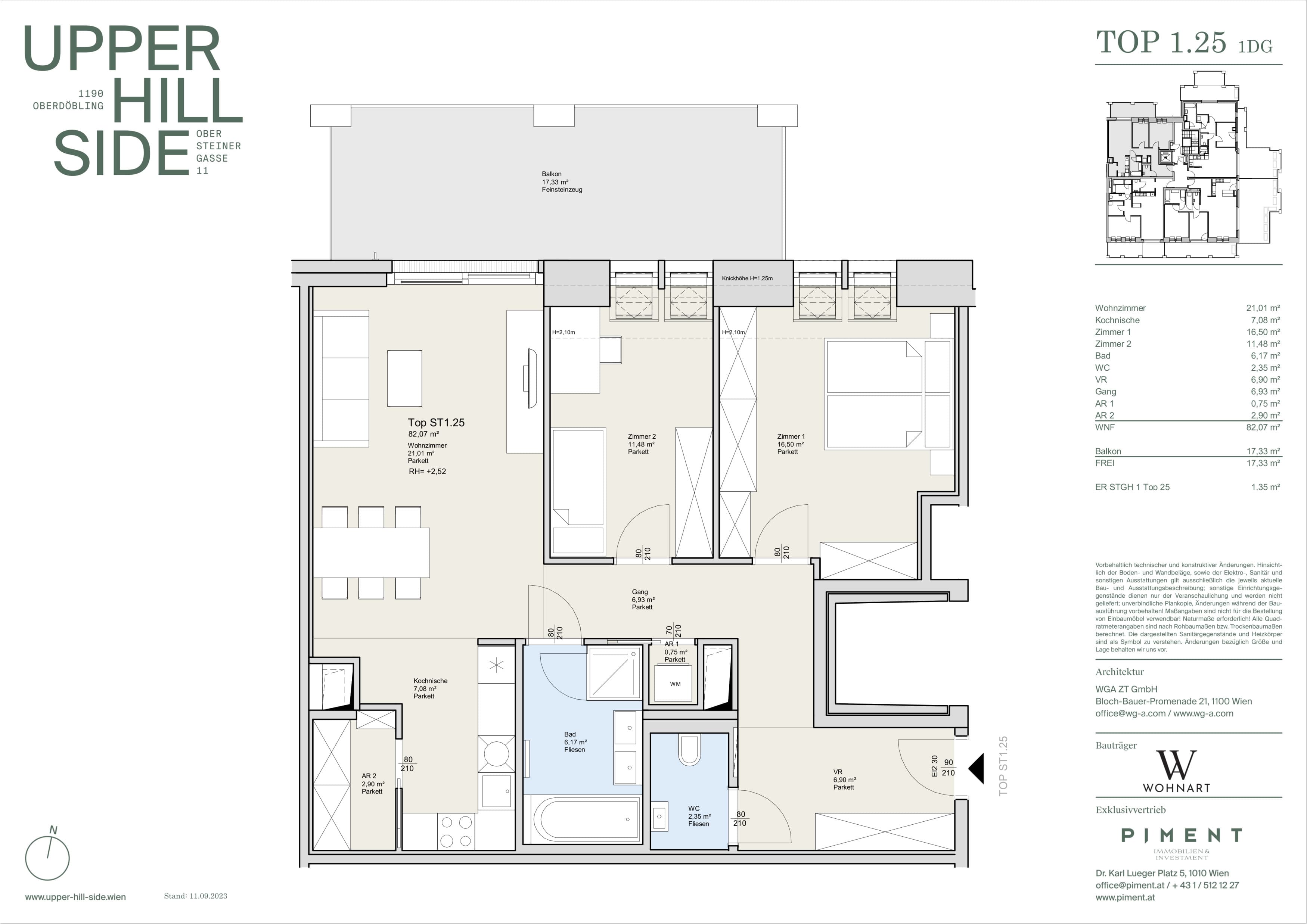 Grundriss Top 1.25 — Upper Hill Side — 3 Zimmer — 82,1 m² — 1st attic floor — Terrasse — Grundriss 1/2