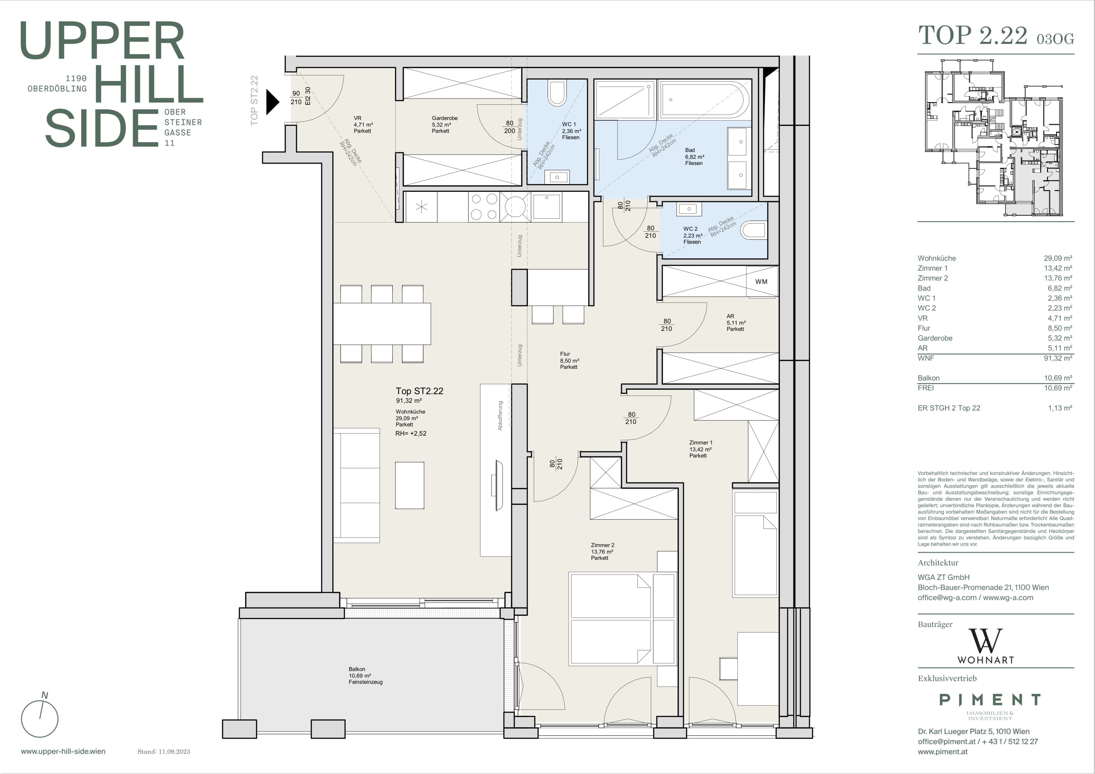 Grundriss Top 2.22 — Upper Hill Side — 3 Zimmer — 91,3 m² — 3rd floor — Balkon