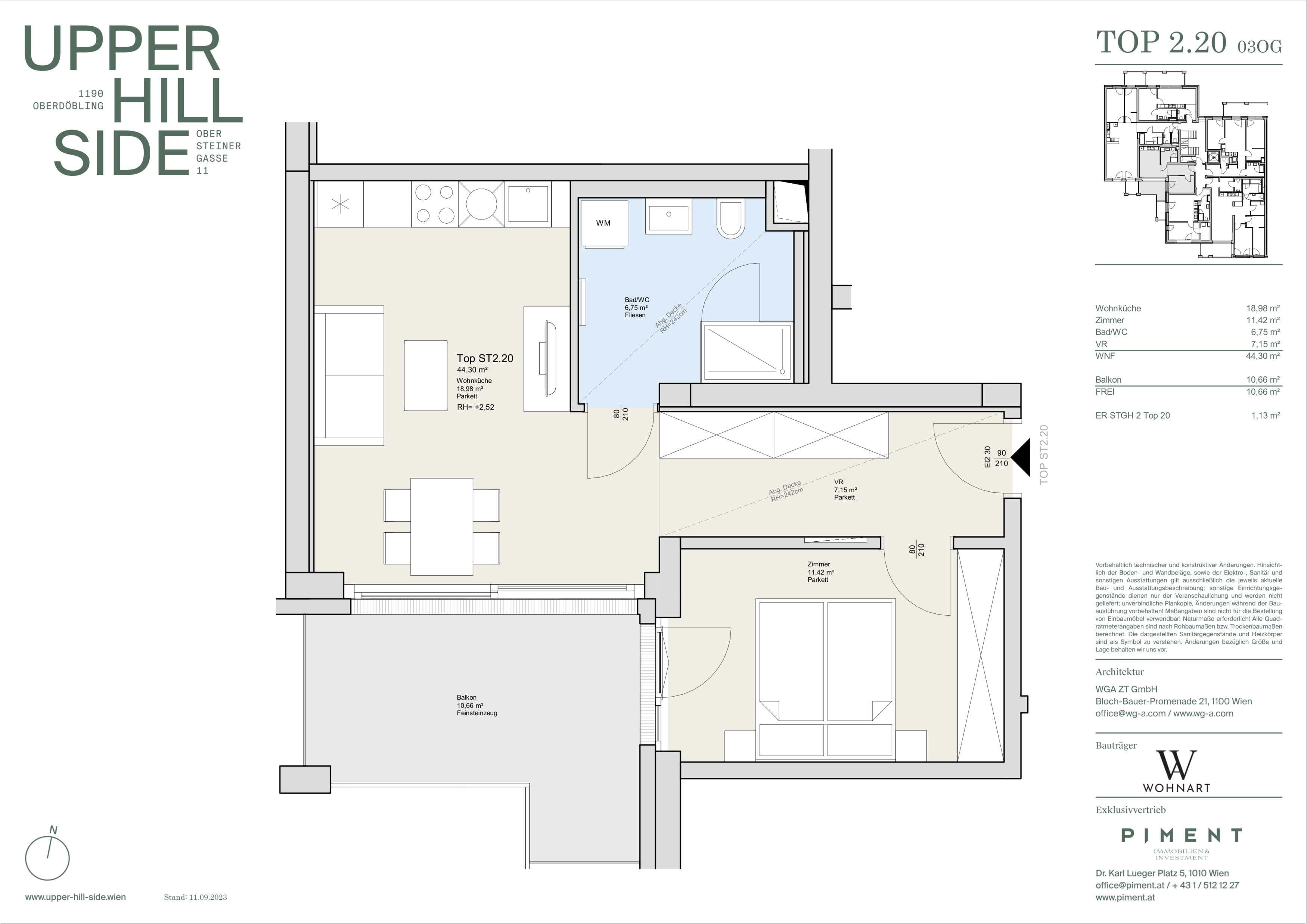 Grundriss Top 2.20 — Upper Hill Side — 2 Zimmer — 44,3 m² — 3rd floor — Balkon