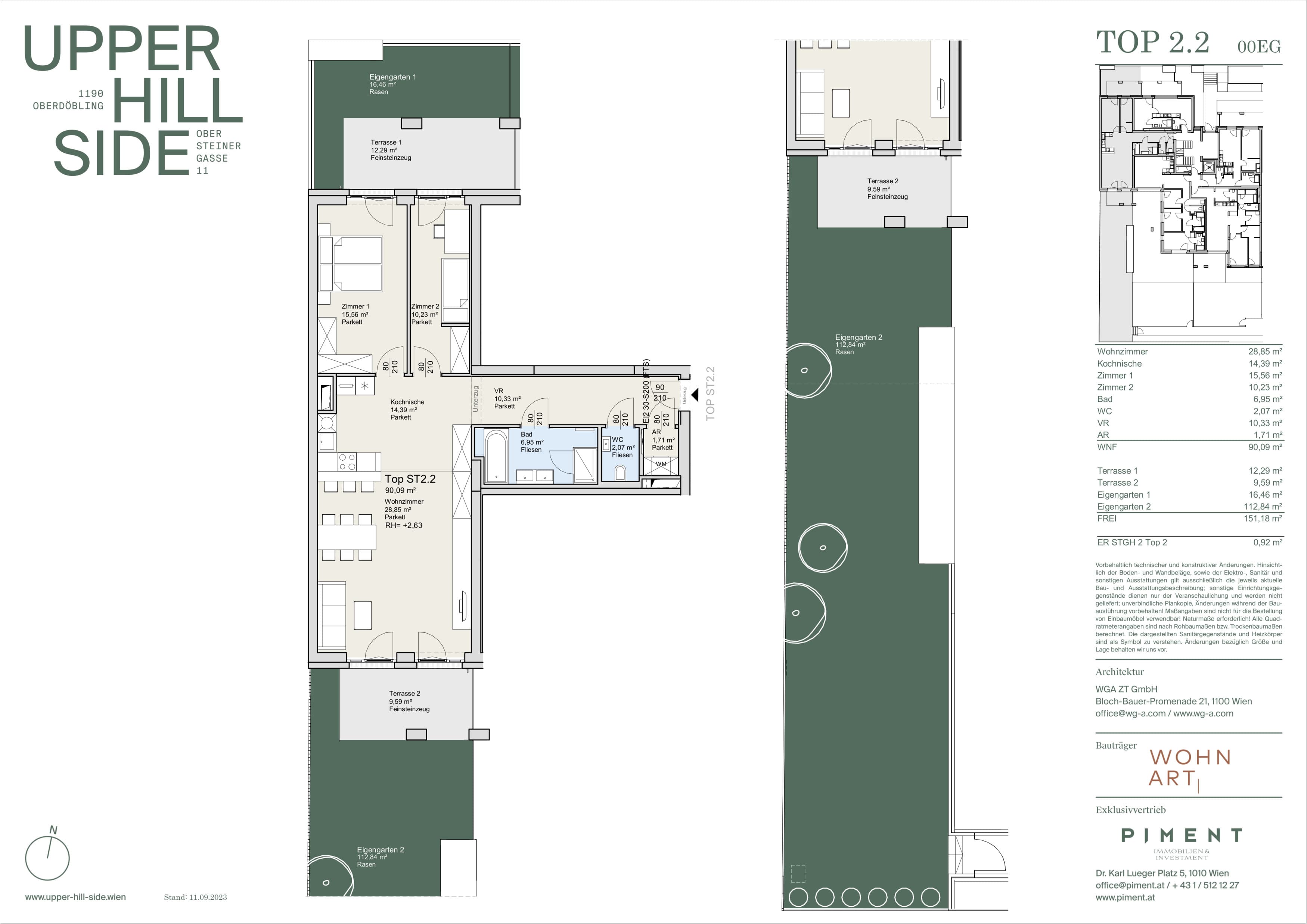 Grundriss Top 2.2 — Upper Hill Side — 3 Zimmer — 90,1 m² — Ground floor — Terrasse, Garten