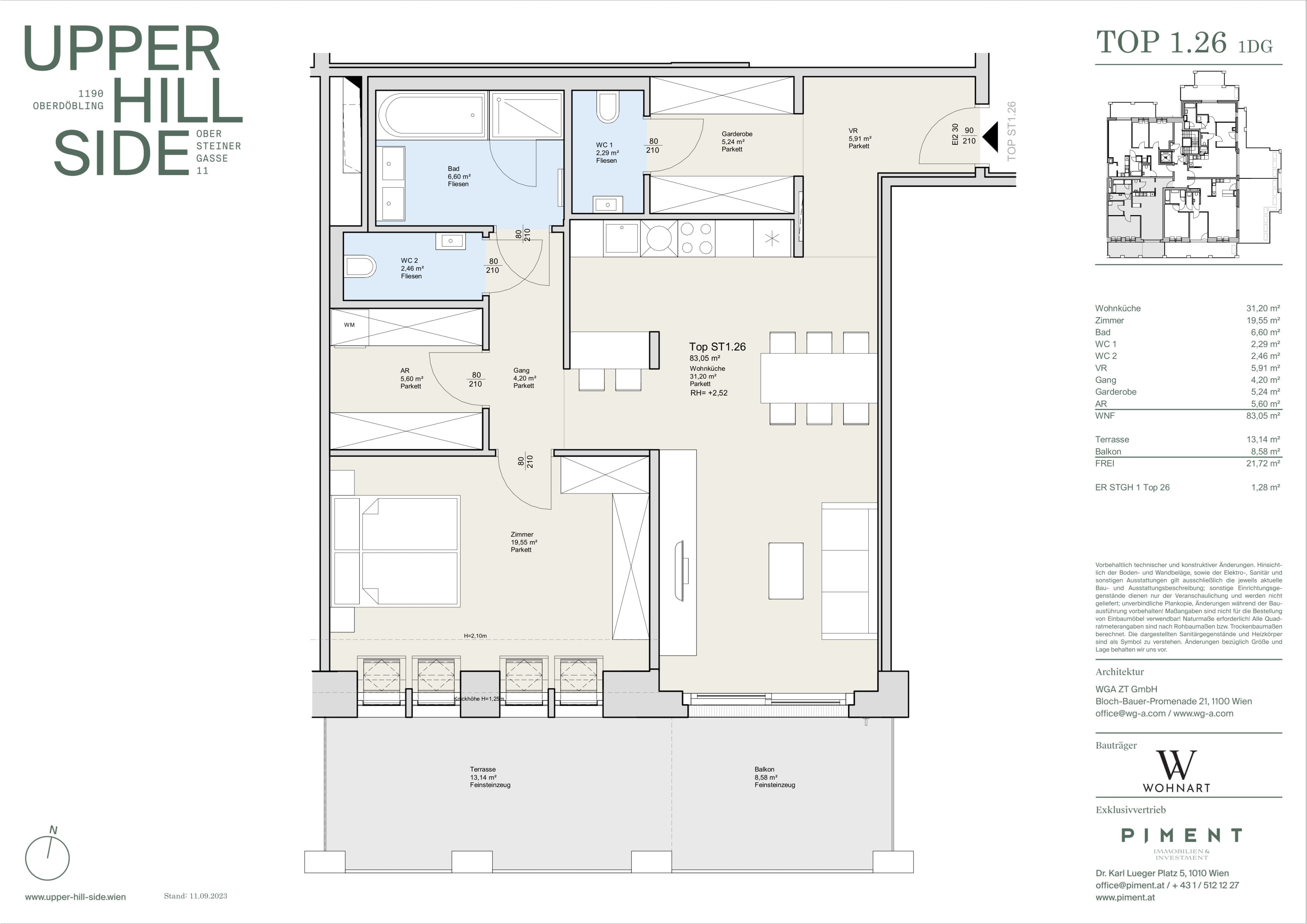 Grundriss Top 1.26 — Upper Hill Side — 2 Zimmer — 83,1 m² — 1st attic floor — Terrasse, Balkon — Grundriss 2/2