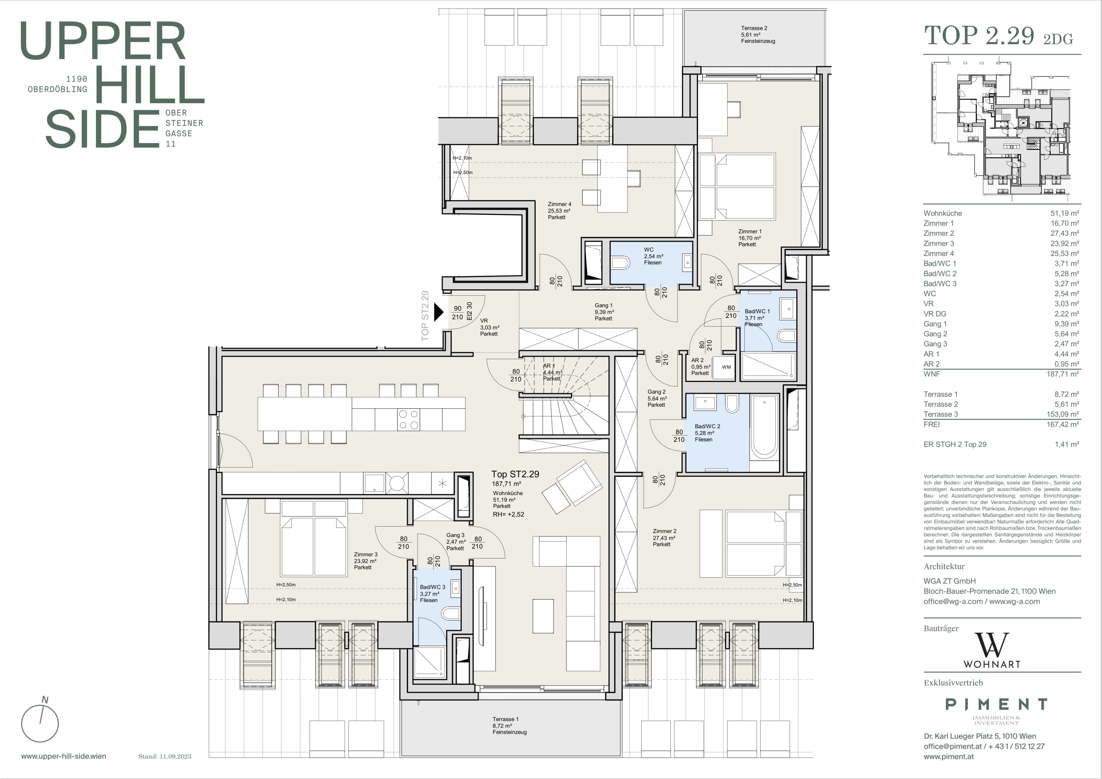 Grundriss Top 2.29 — Upper Hill Side — 5 Zimmer — 187,7 m² — 2nd attic floor — Terrasse — Grundriss 1/2