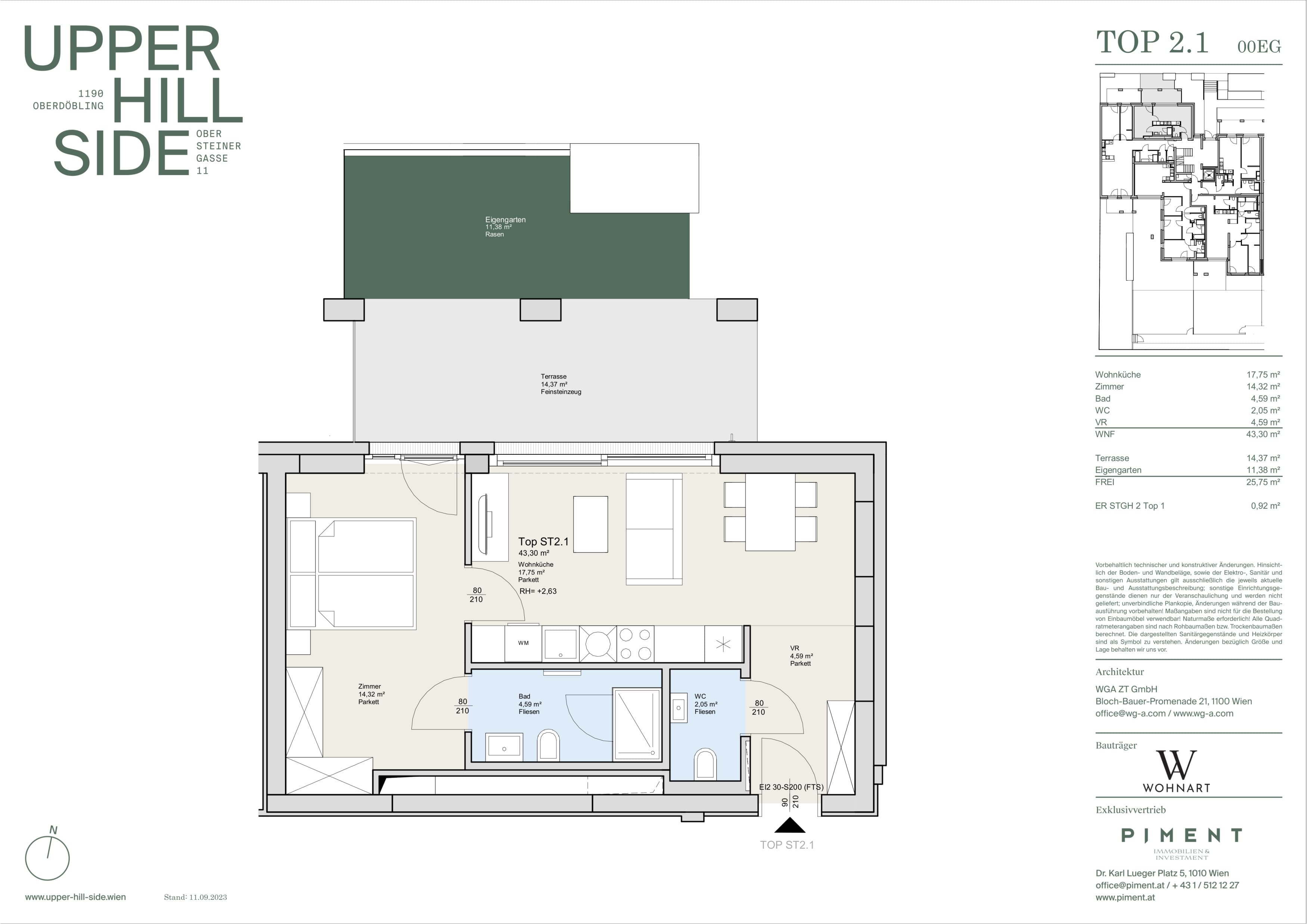Grundriss Top 2.1 — Upper Hill Side — 2 Zimmer — 43,3 m² — Ground floor — Terrasse, Garten