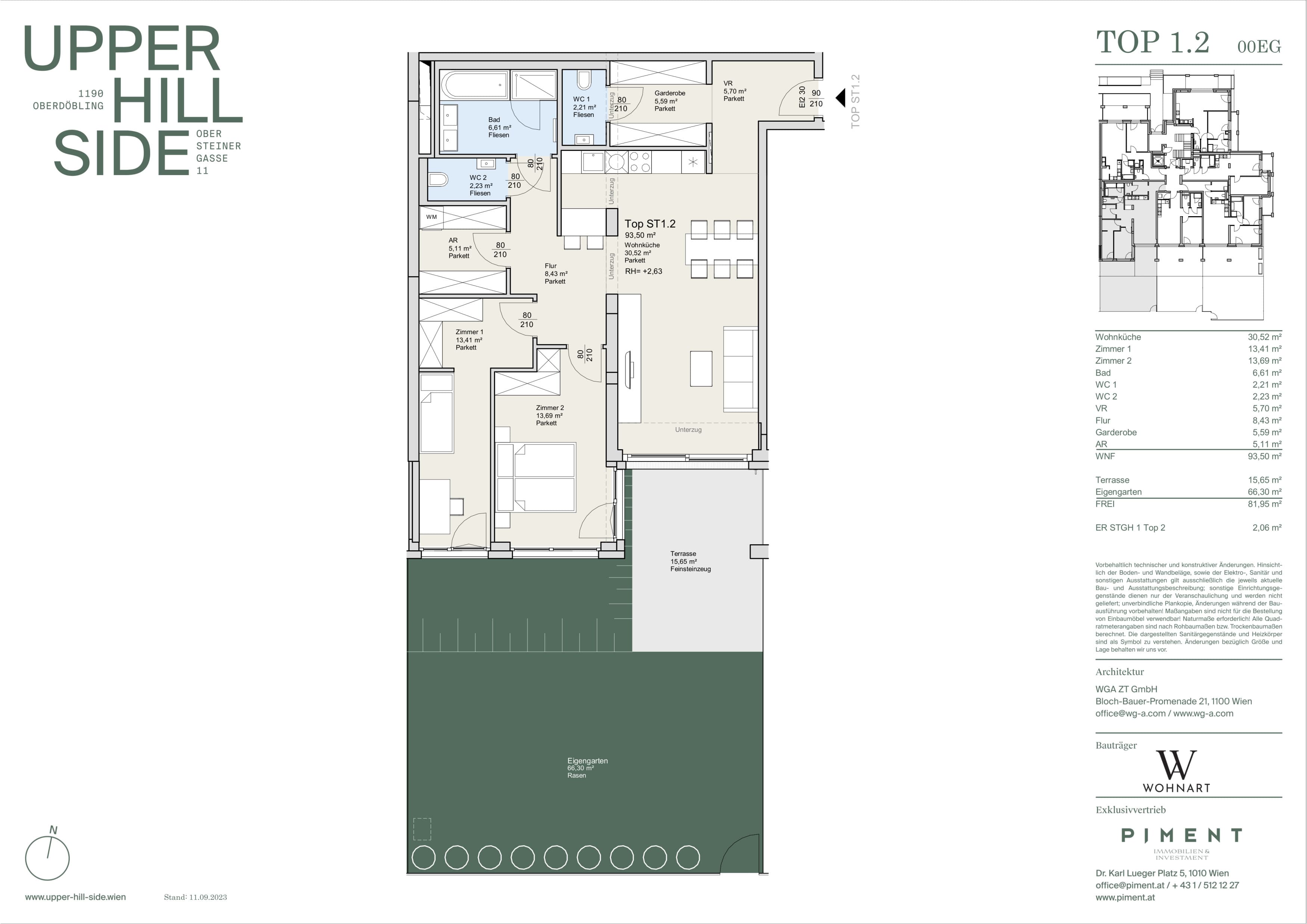 Grundriss Top 1.2 — Upper Hill Side — 3 Zimmer — 93,5 m² — Ground floor — Terrasse, Garten