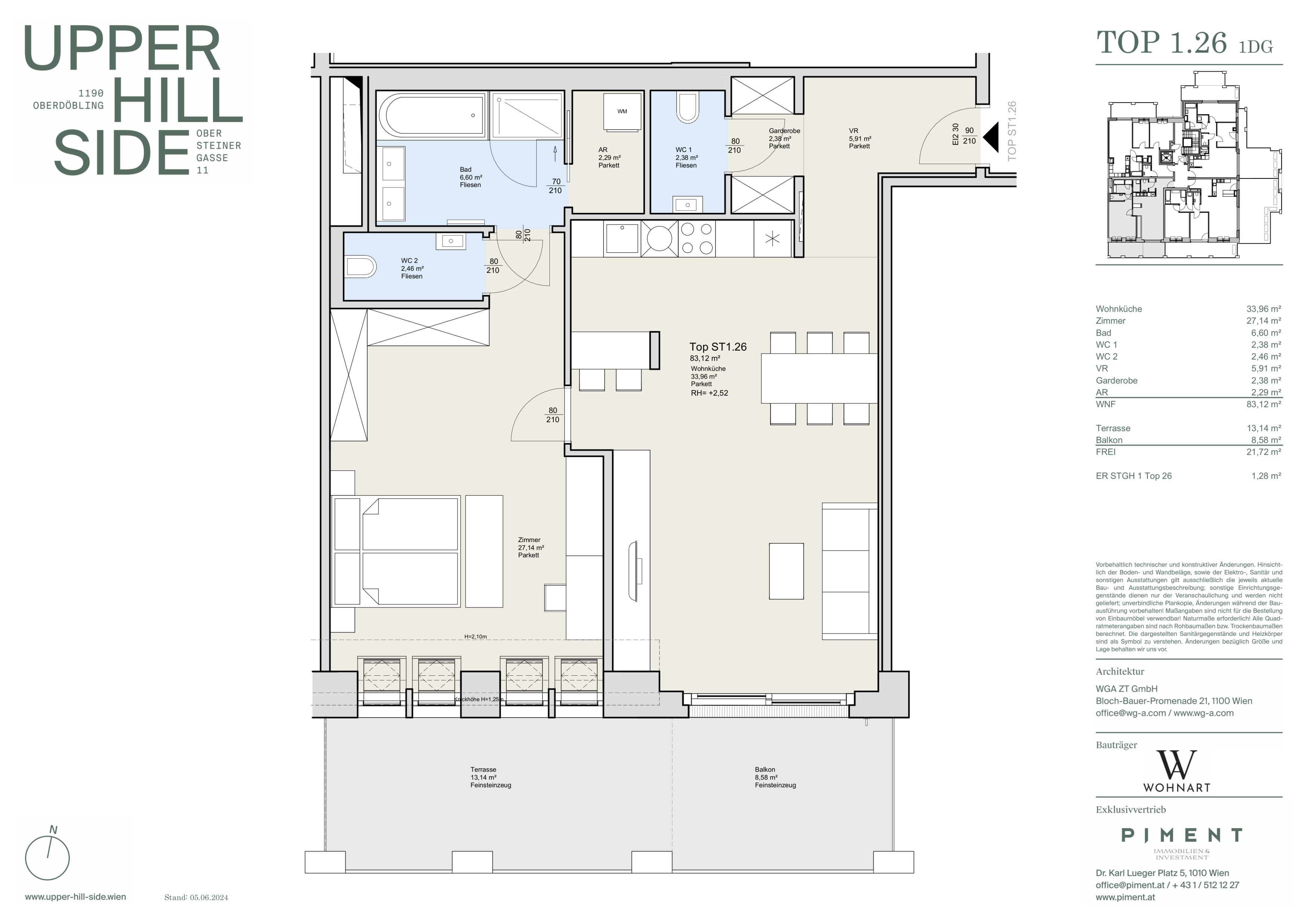 Grundriss Top 1.26 — Upper Hill Side — 2 Zimmer — 83,1 m² — 1st attic floor — Terrasse, Balkon — Grundriss 1/2