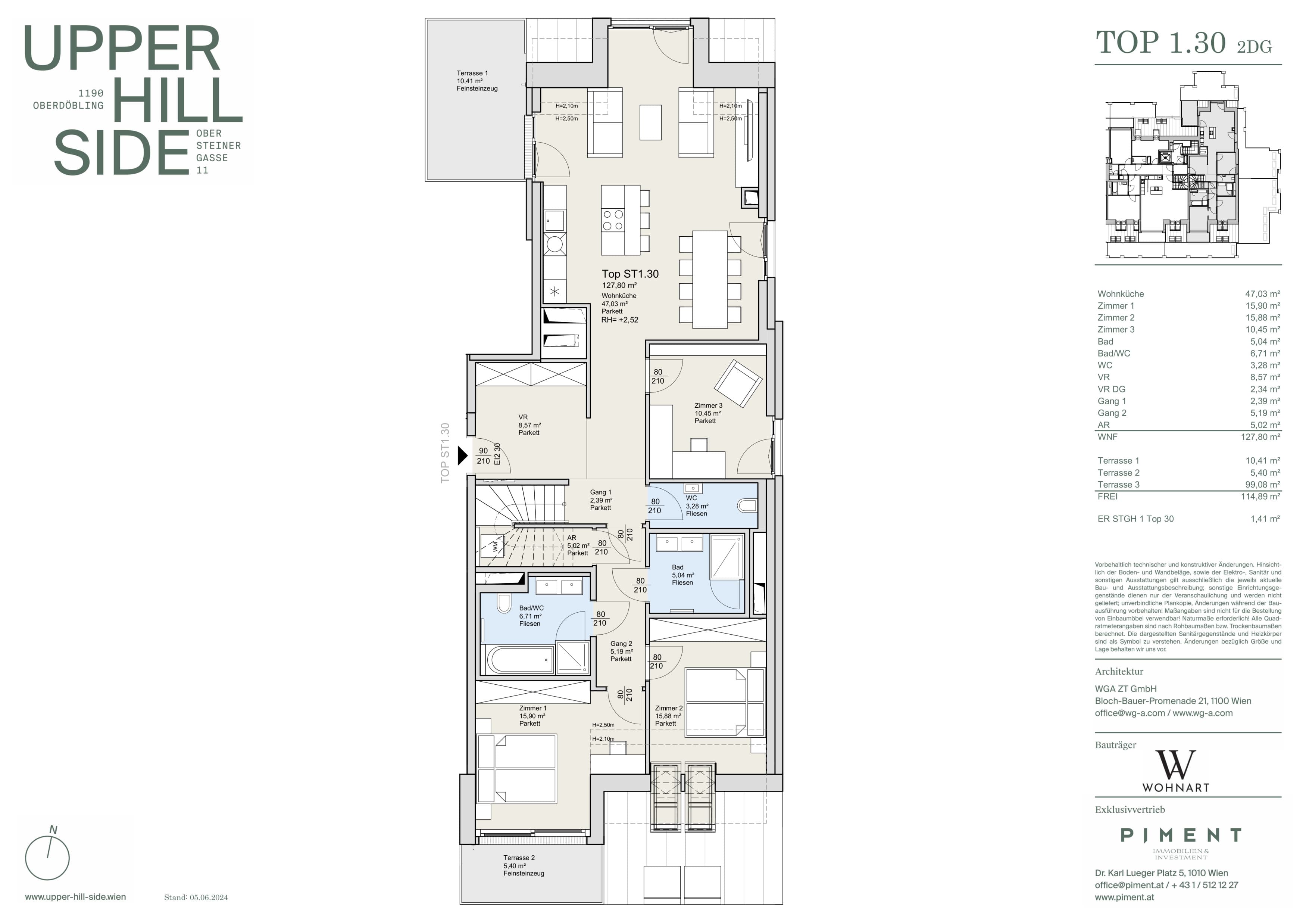 Grundriss Top 1.30 — Upper Hill Side — 3 Zimmer — 128,2 m² — 2nd attic floor — Terrasse — Grundriss 2/4