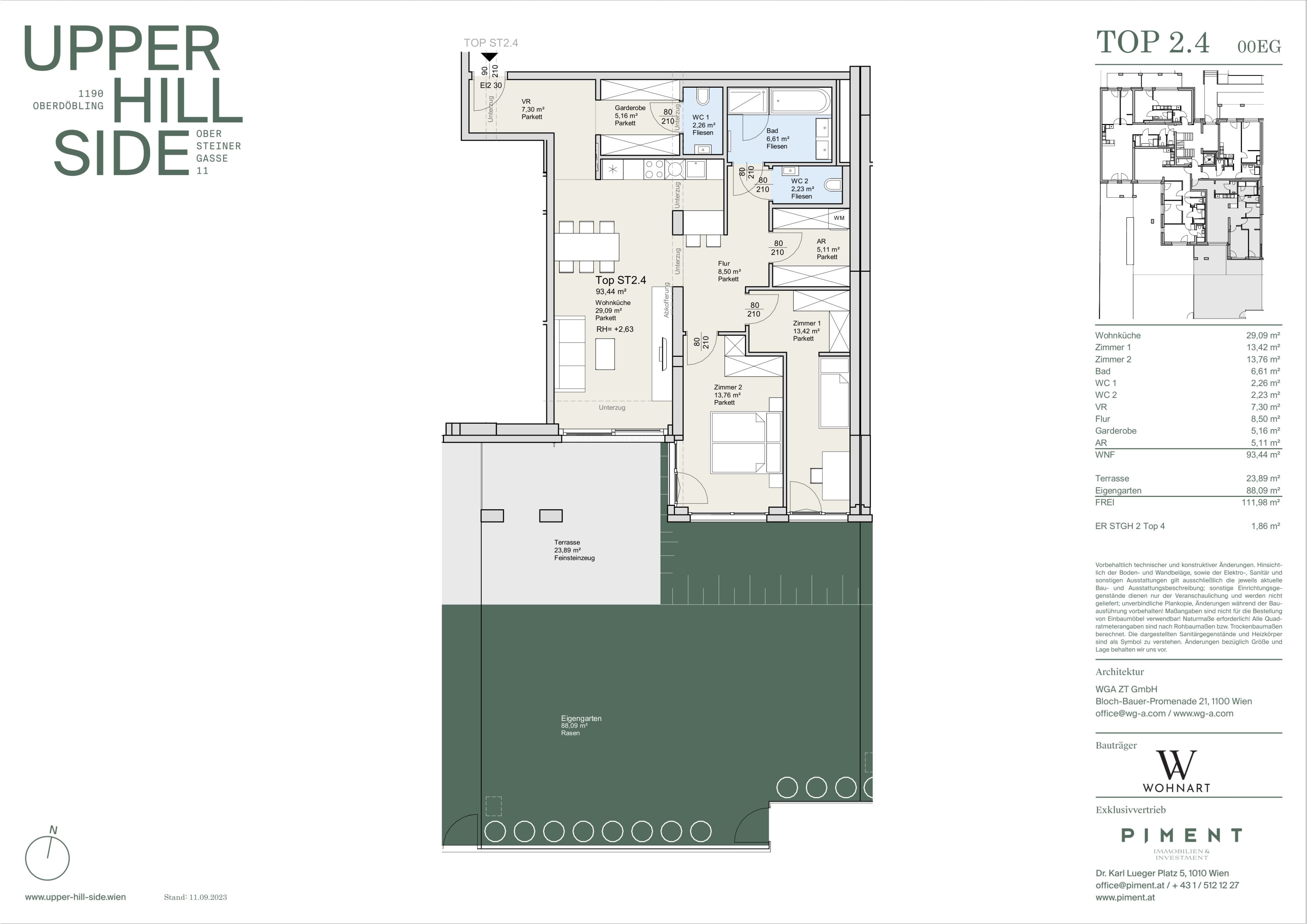 Grundriss Top 2.4 — Upper Hill Side — 3 Zimmer — 93,4 m² — Ground floor — Terrasse, Garten