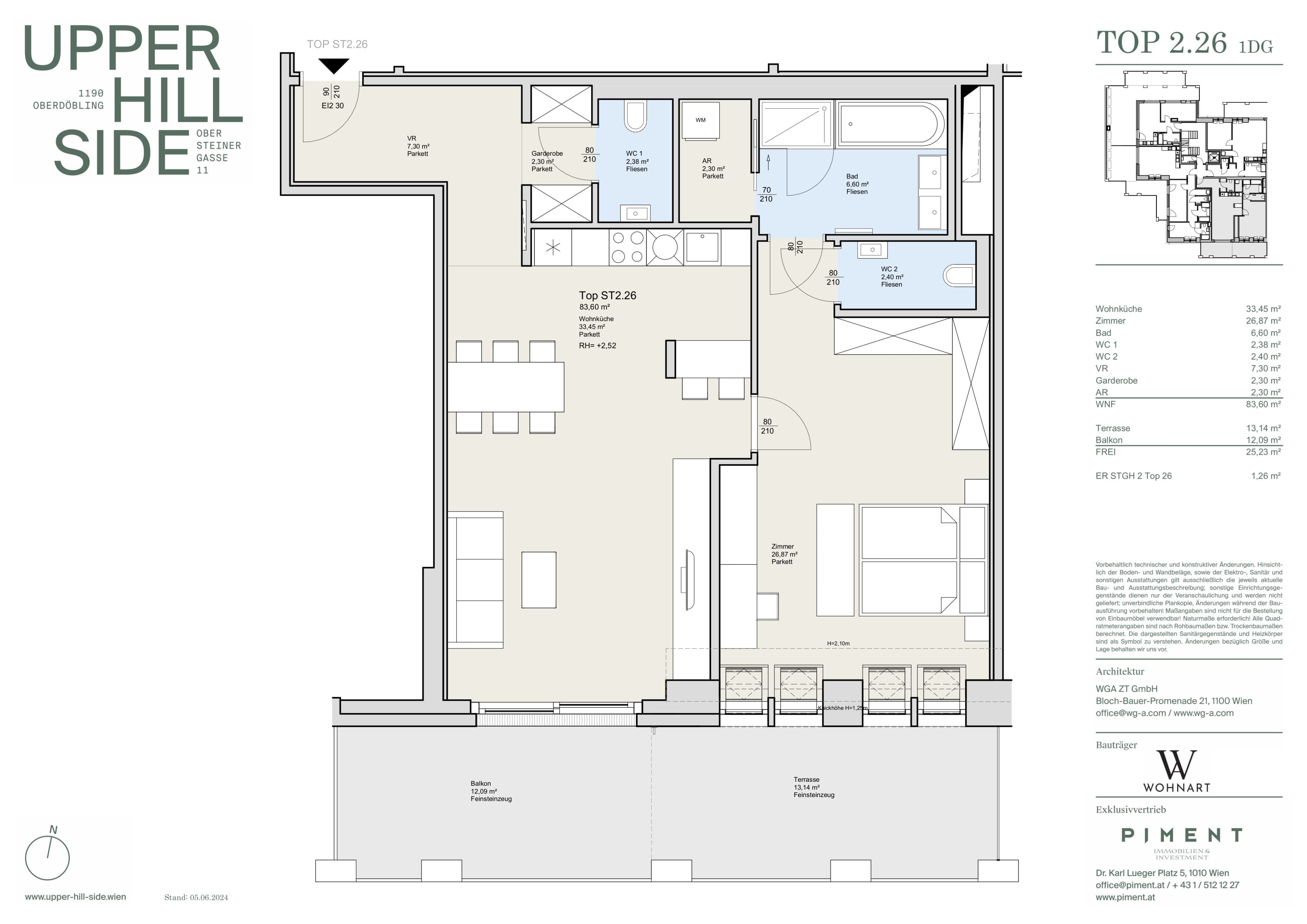 Grundriss Top 2.26 — Upper Hill Side — 2 Zimmer — 83,7 m² — 1st attic floor — Terrasse, Balkon — Grundriss 1/2