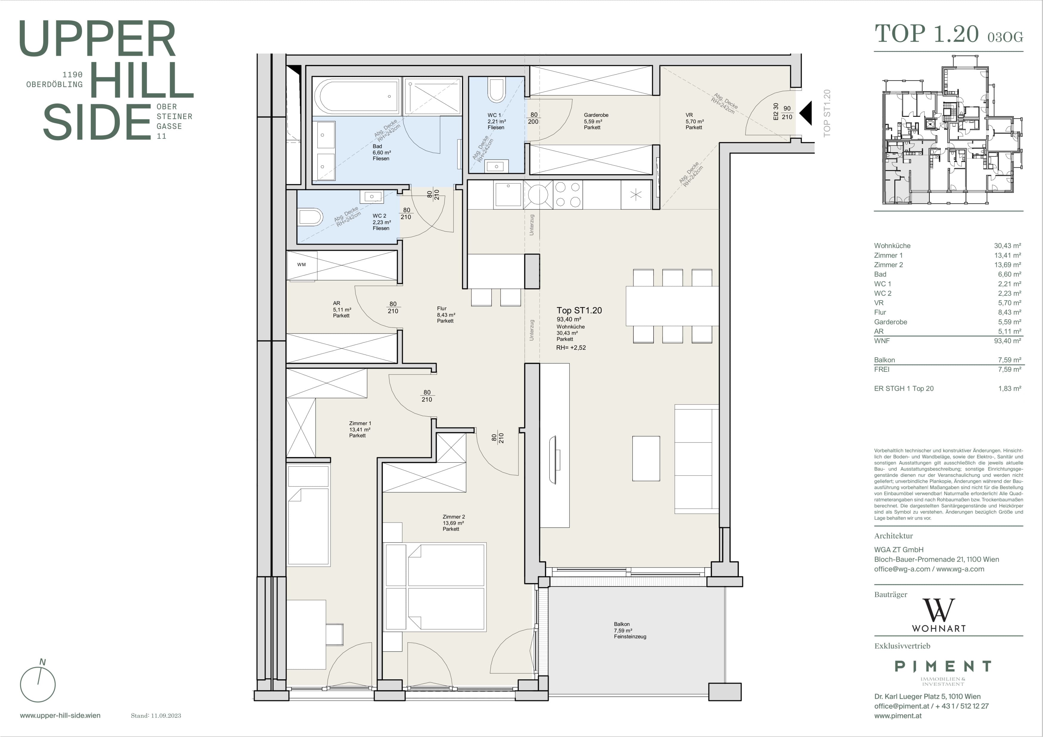 Grundriss Top 1.20 — Upper Hill Side — 3 Zimmer — 93,4 m² — 3rd floor — Balkon