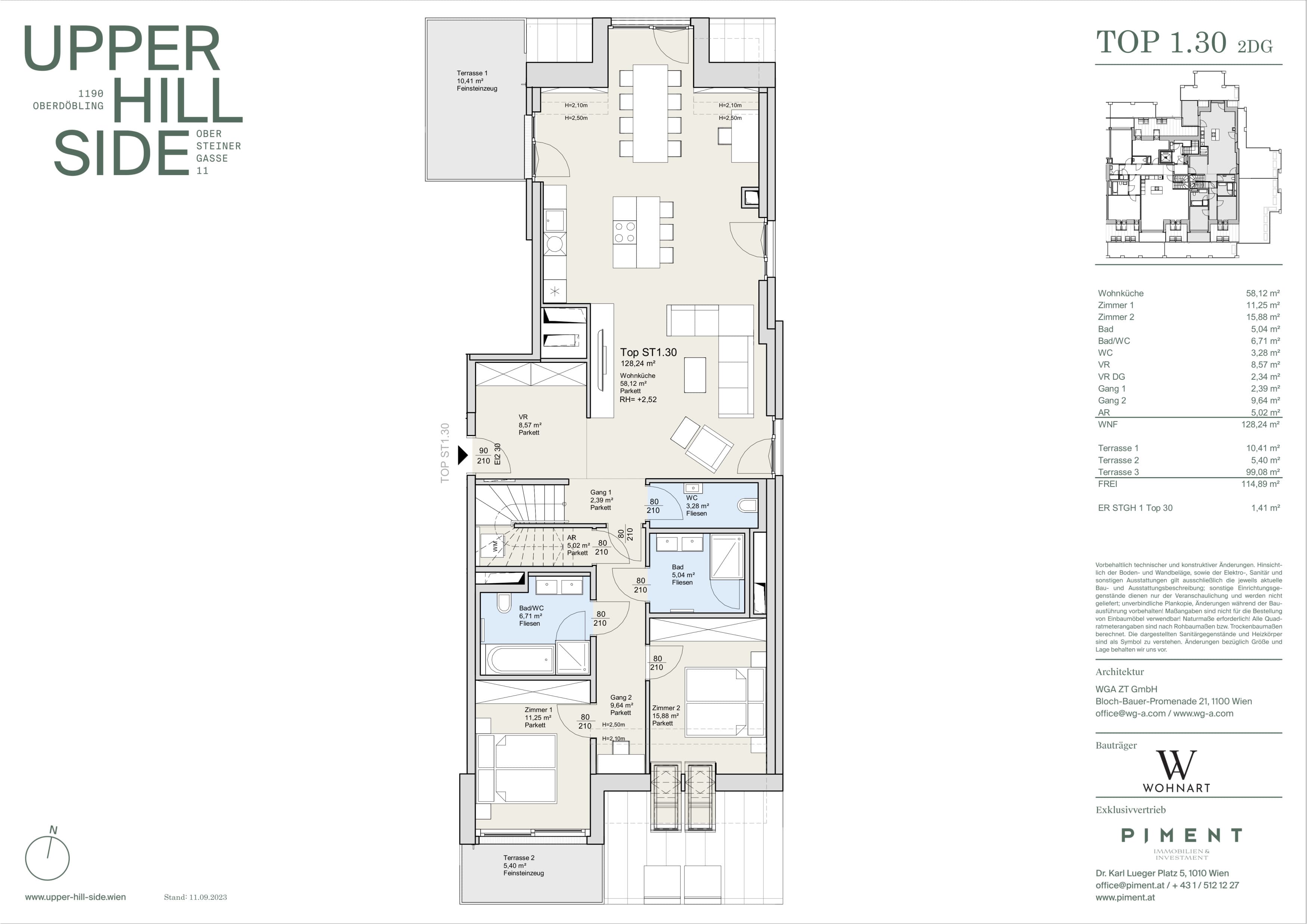 Grundriss Top 1.30 — Upper Hill Side — 3 Zimmer — 128,2 m² — 2nd attic floor — Terrasse — Grundriss 3/4
