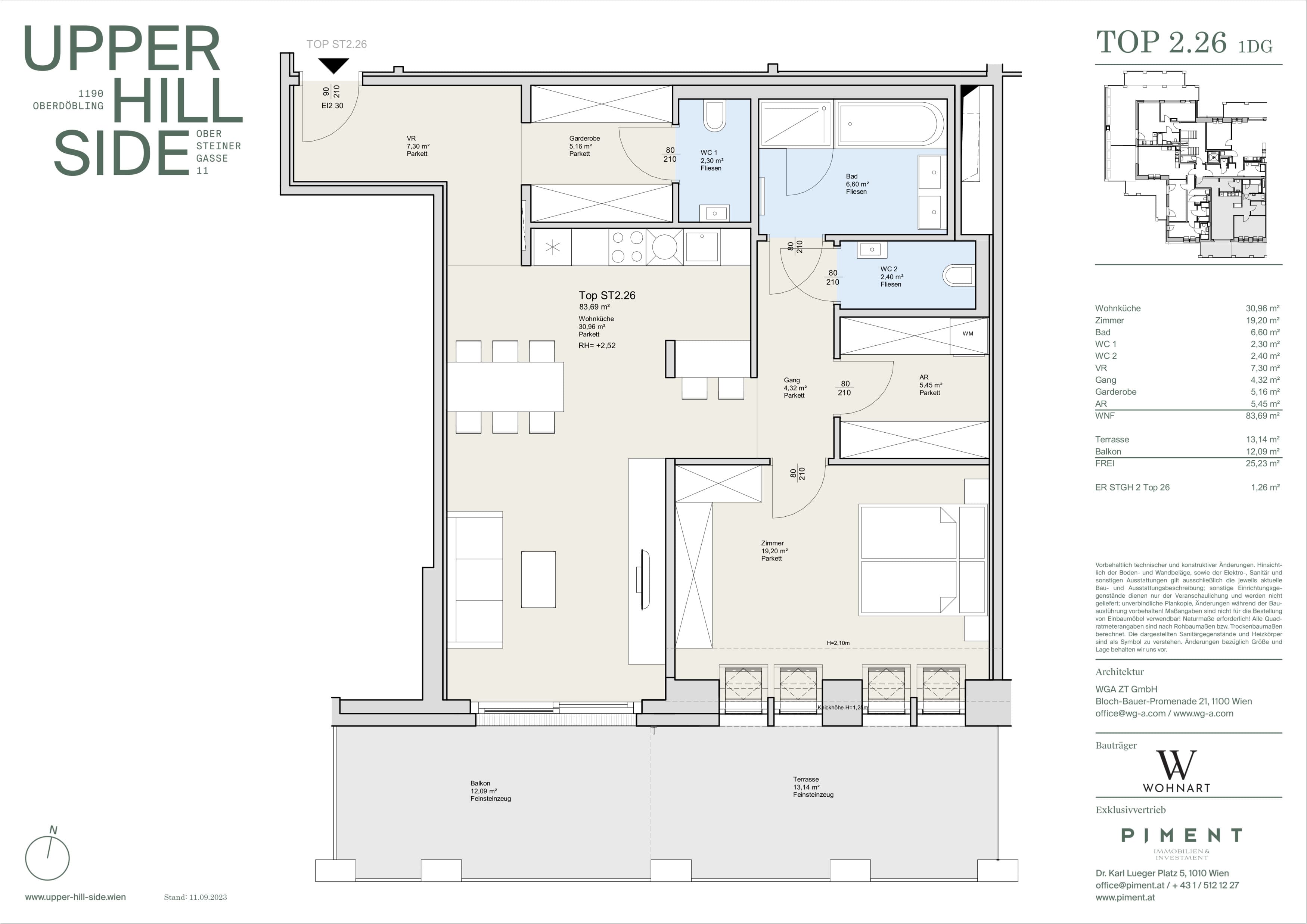 Grundriss Top 2.26 — Upper Hill Side — 2 Zimmer — 83,7 m² — 1st attic floor — Terrasse, Balkon — Grundriss 2/2