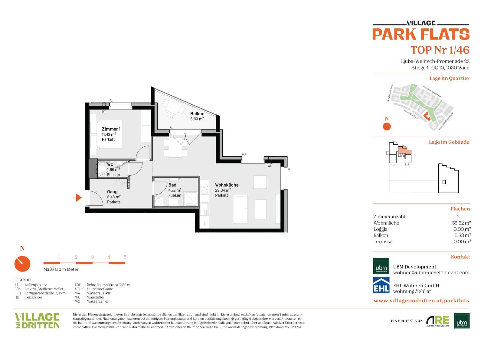 Grundriss BF5 Stg. 1 - Top 46 — Village im Dritten — 2 Zimmer — 55,5 m² — 10th floor