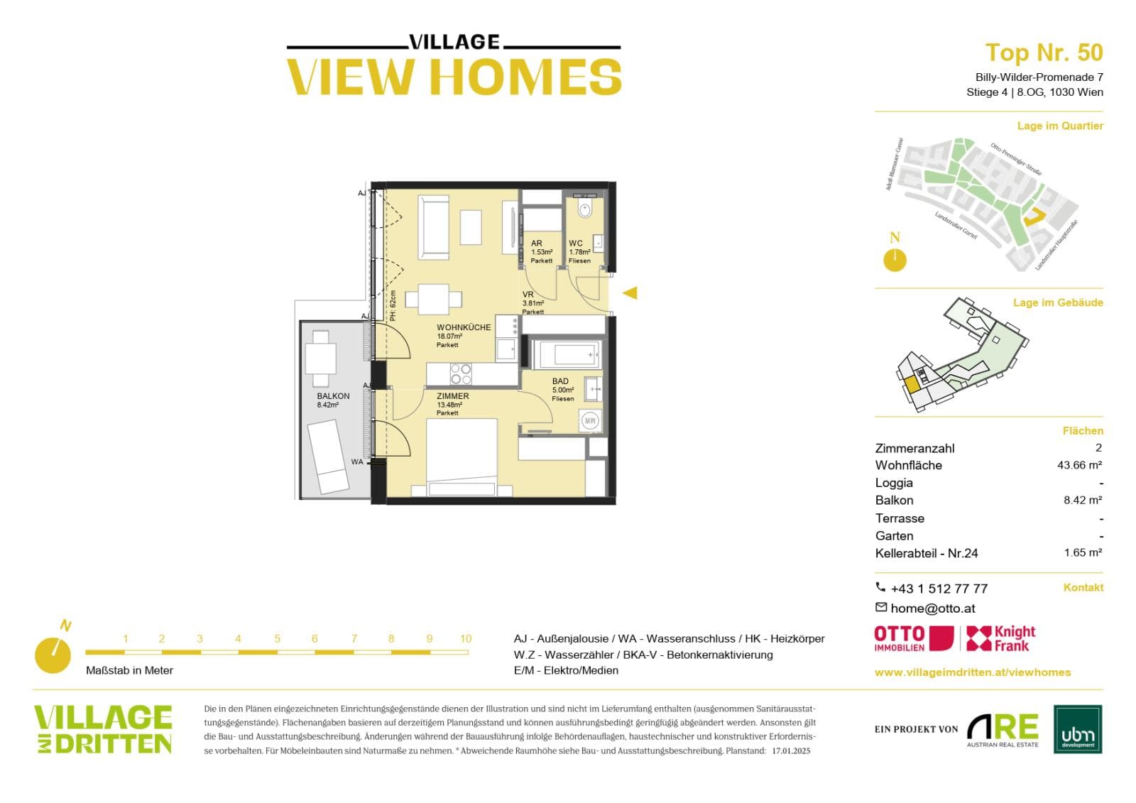 Grundriss BF2 Stg. 4 - Top 50 — Village im Dritten — 2 Zimmer — 43,7 m² — 8th floor
