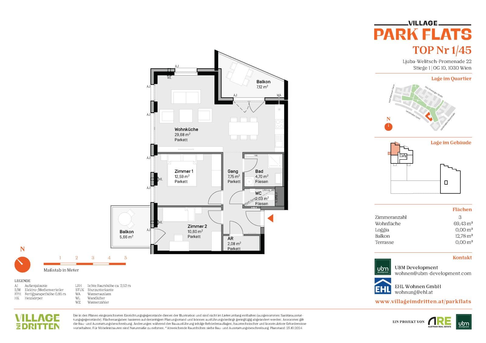 Grundriss BF5 Stg. 1 - Top 45 — Village im Dritten — 3 Zimmer — 69,4 m² — 10th floor