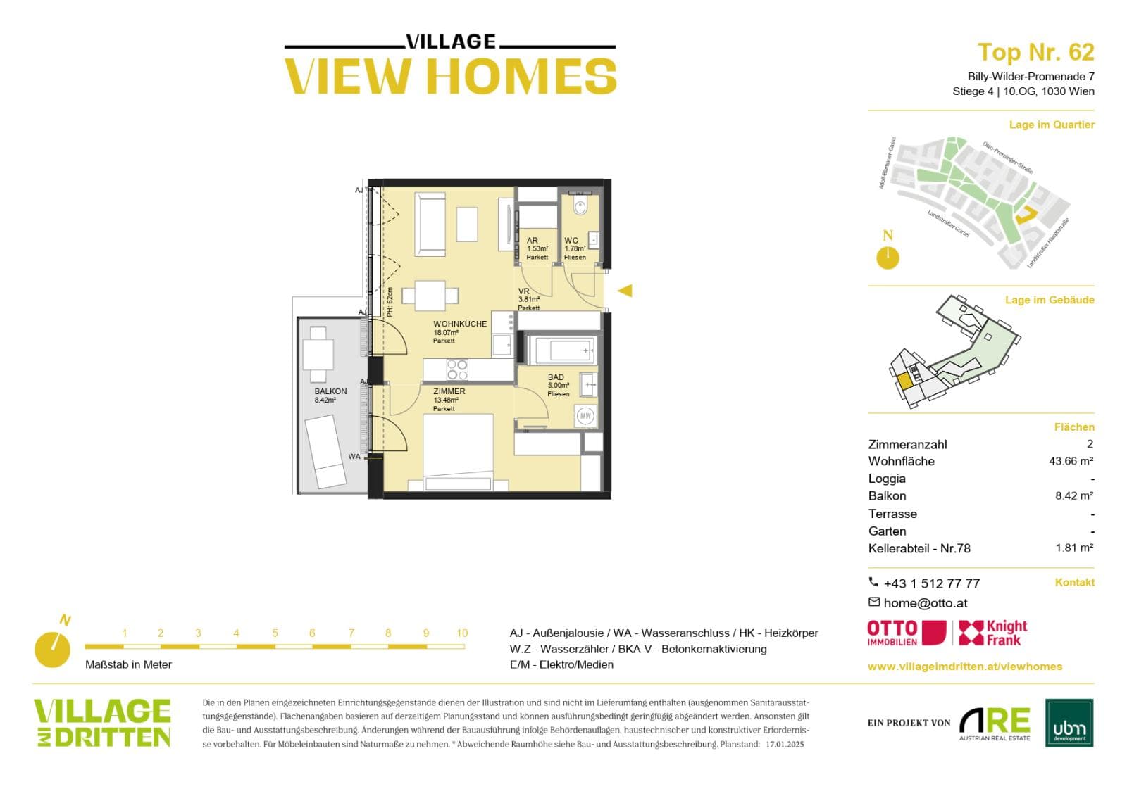 Grundriss BF2 Stg. 4 - Top 62 — Village im Dritten — 2 Zimmer — 43,7 m² — Attic floor