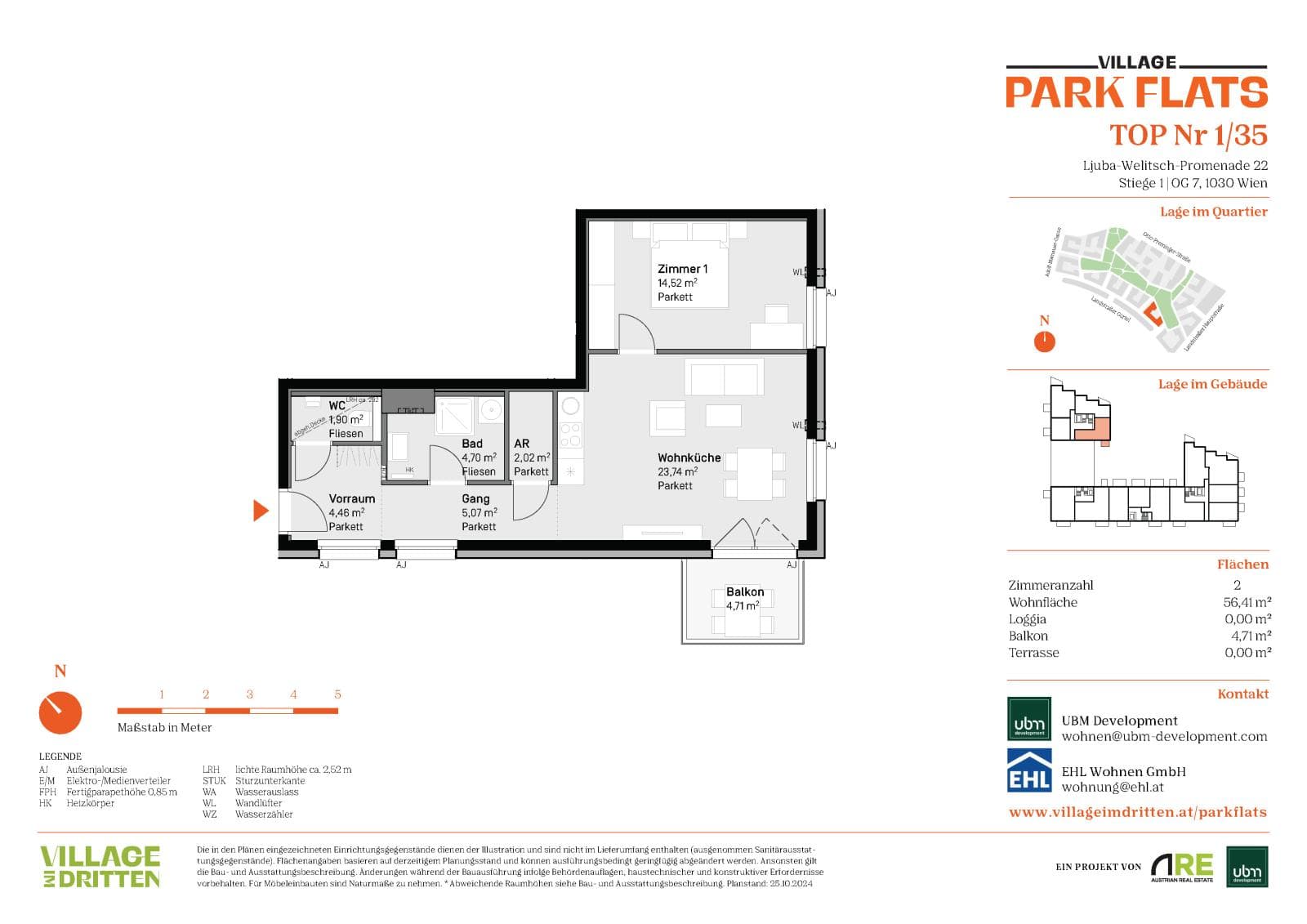 Grundriss BF5 Stg. 1 - Top 35 — Village im Dritten — 2 Zimmer — 56,4 m² — 7th floor